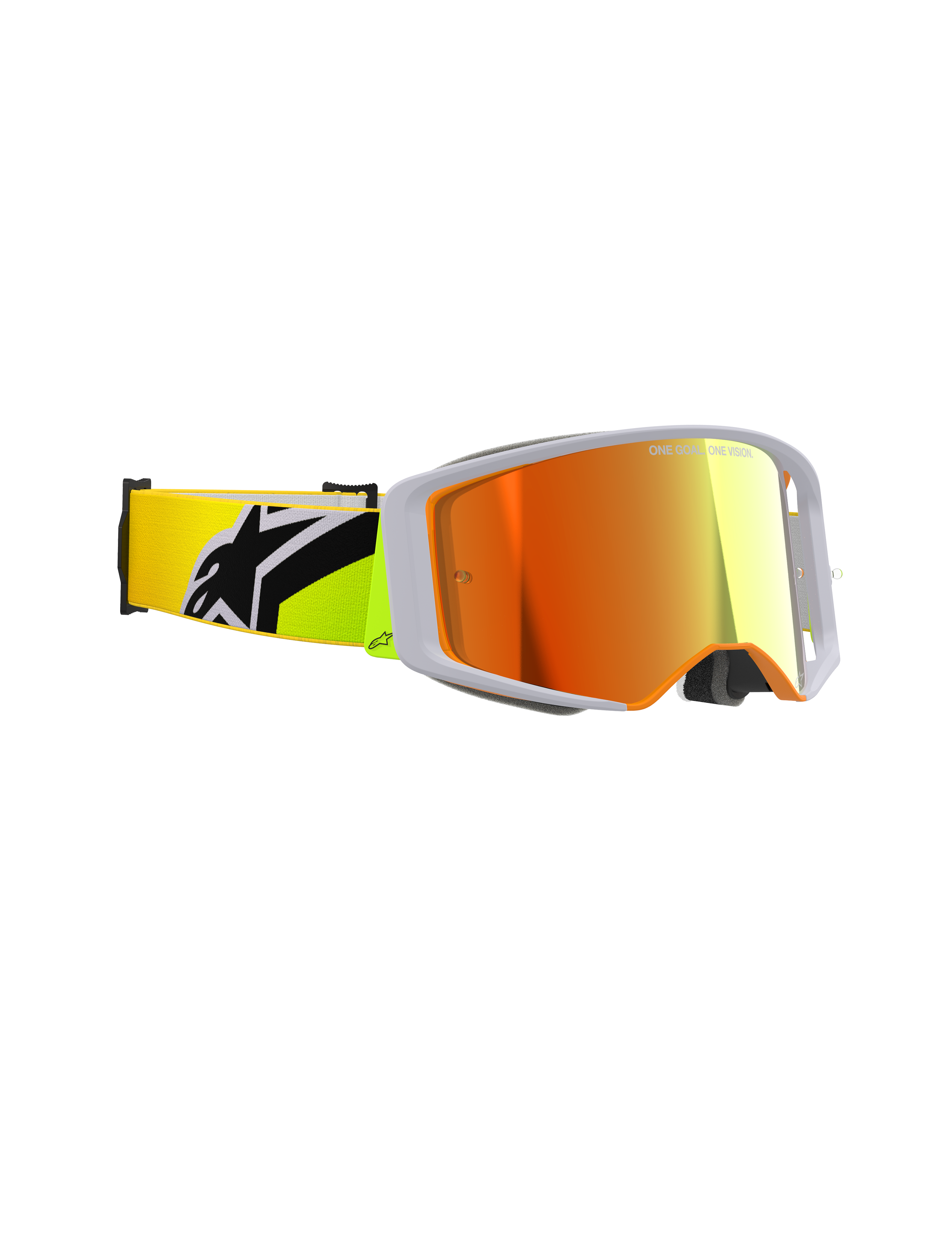 Alpinestars Supertech Corp Goggles Absolute Vision, Motocross-Brille, Gelb Fluo und Grau, rote verspiegelte Scheibe, Seitenansicht mit weitem peripherem Sichtfeld und neongelbem Band mit markantem schwarzem Alpinestars-Logo, professionelle Offroad-Rennausrüstung.