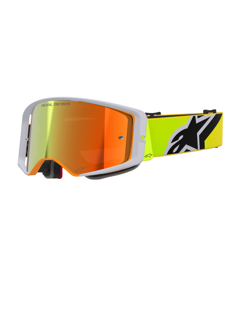 Alpinestars Supertech Corp Goggles Absolute Vision, Motocross Goggles, Yellow Fluo and Grey, Red Mirrored Lens with 'One Goal. One Vision.' text, fluorescent yellow strap with bold black and white Alpinestars logo, high-performance off-road eyewear