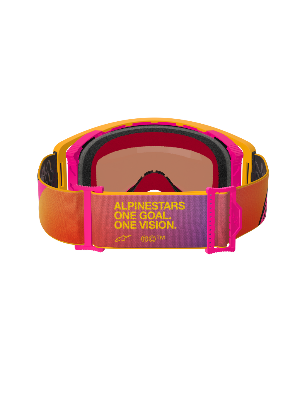 Alpinestars Supertech Corp Goggles Absolute Vision, Motocross-Brille, gelber und pinker Rahmen mit mehrfarbigem Gurt mit Farbverlauf, Rückansicht mit schwarzem mehrlagigem Gesichtsschaum und Text „ALPINESTARS ONE GOAL. ONE VISION.“, Hochleistungs-Augenschutz für den Offroad-Bereich