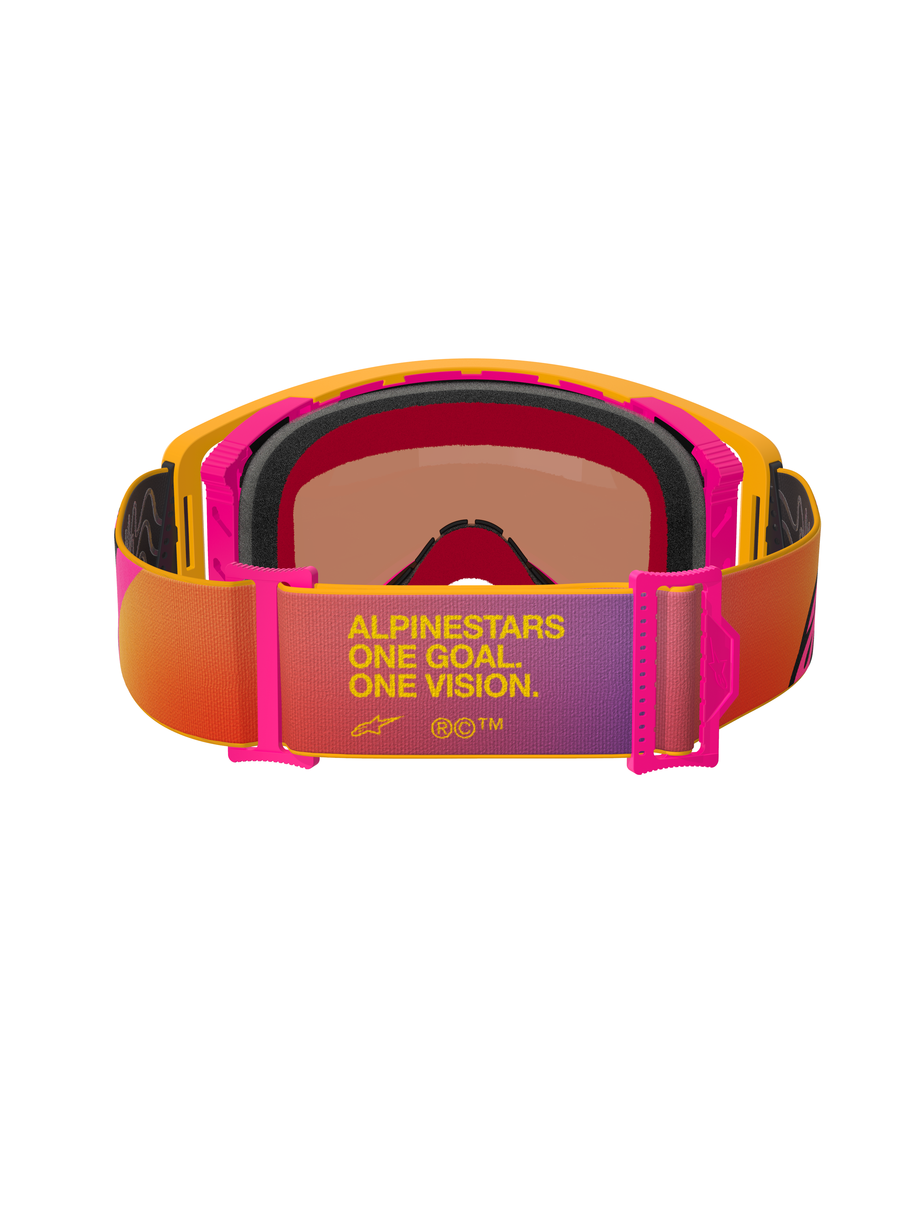 Alpinestars Supertech Corp Goggles Absolute Vision, Motocross-Brille, gelber und pinker Rahmen mit mehrfarbigem Gurt mit Farbverlauf, Rückansicht mit schwarzem mehrlagigem Gesichtsschaum und Text „ALPINESTARS ONE GOAL. ONE VISION.“, Hochleistungs-Augenschutz für den Offroad-Bereich