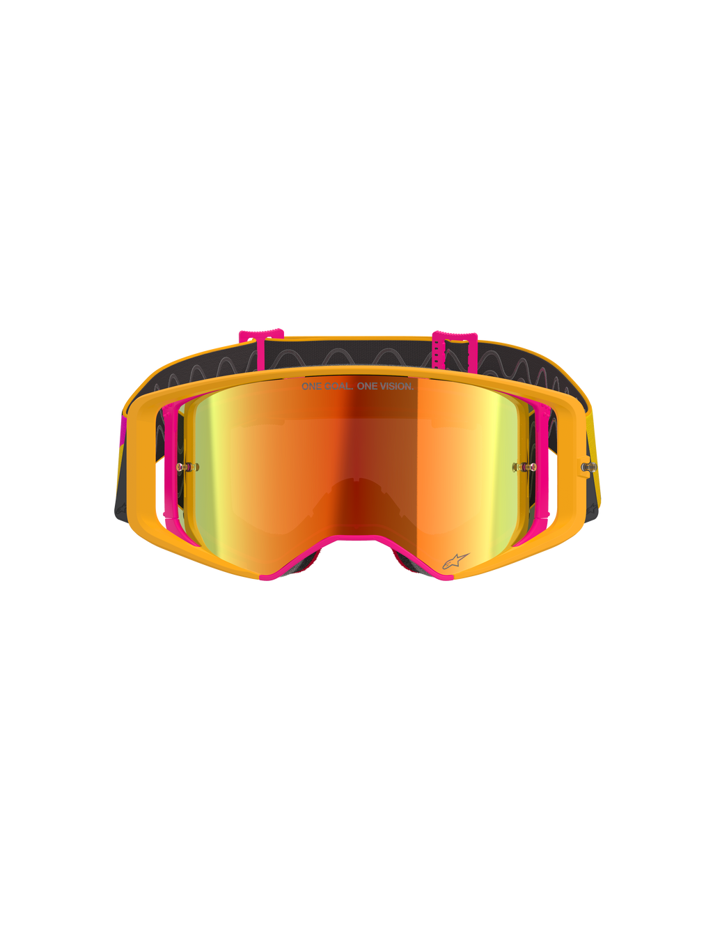 Alpinestars Supertech Corp Absolute Vision Brille, Motocross-Brille, gelber und pinker Rahmen mit rot verspiegelter Scheibe, Vorderansicht, mit „ONE GOAL. ONE VISION.“-Schriftzug auf dem Glas, verstellbares schwarzes Band mit Silikon-Haftung