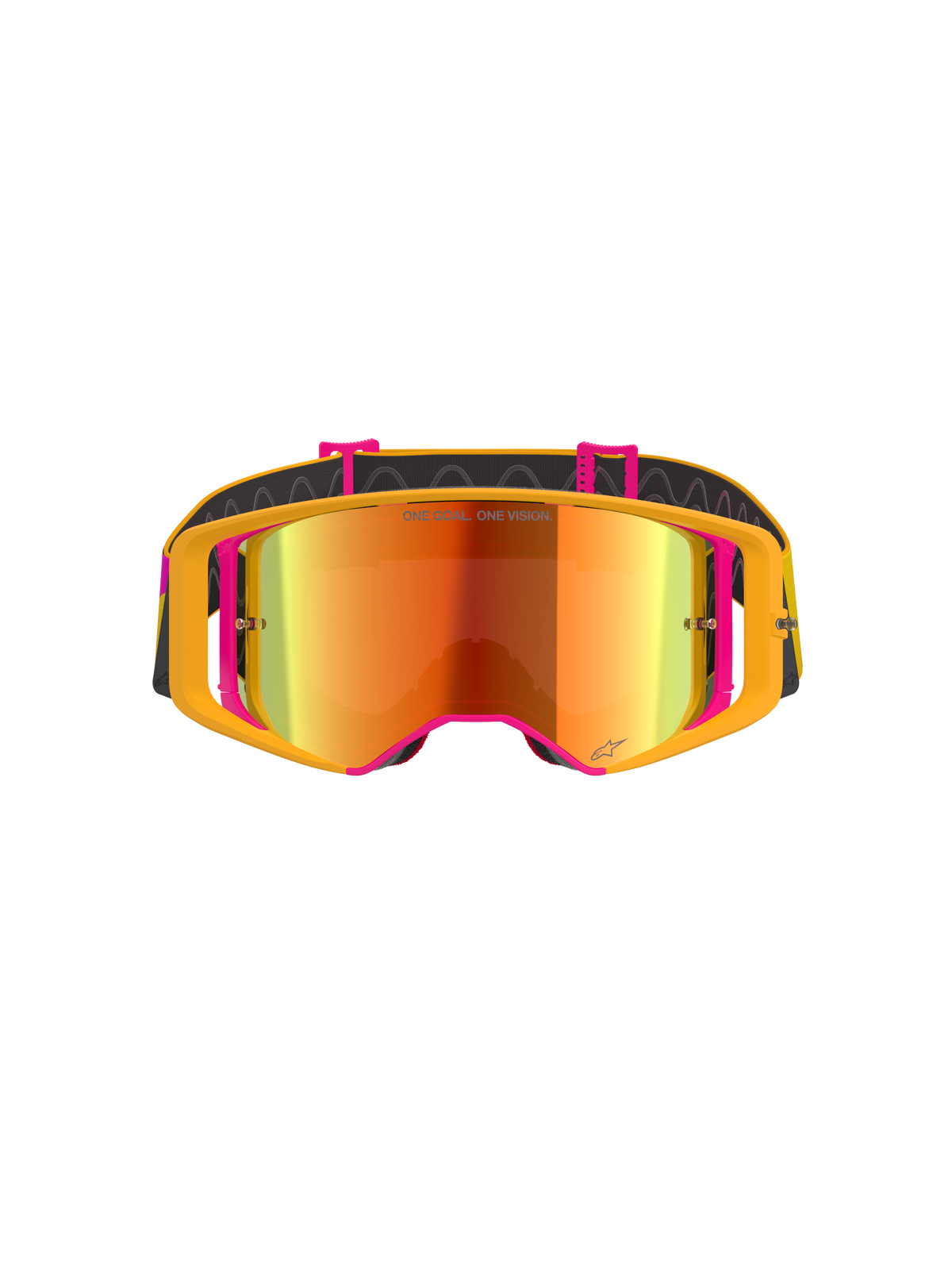 Alpinestars Supertech Corp Absolute Vision Brille, Motocross-Brille, gelber und pinker Rahmen mit rot verspiegelter Scheibe, Vorderansicht, mit „ONE GOAL. ONE VISION.“-Schriftzug auf dem Glas, verstellbares schwarzes Band mit Silikon-Haftung