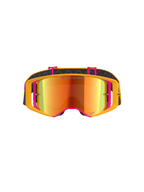 Alpinestars Supertech Corp Absolute Vision Brille, Motocross-Brille, gelber und pinker Rahmen mit rot verspiegelter Scheibe, Vorderansicht, mit „ONE GOAL. ONE VISION.“-Schriftzug auf dem Glas, verstellbares schwarzes Band mit Silikon-Haftung