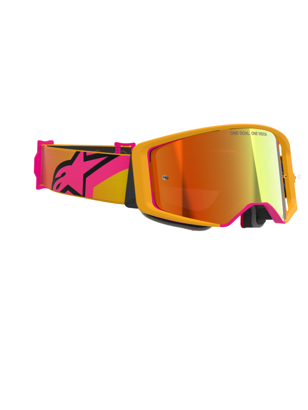 Alpinestars Supertech Corp Goggles Absolute Vision, Motocross-Brille, Gelb mit pinkfarbenen Akzenten und rot verspiegeltem Glas, mit einem breiten pink-gelben Band und großem Alpinestars-Logo, Aufdruck „ONE GOAL. ONE VISION.“ auf dem Glas, Hochleistungs-Rennbrille für den Offroad-Einsatz