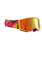 Alpinestars Supertech Corp Goggles Absolute Vision, Motocross-Brille, Gelb mit pinkfarbenen Akzenten und rot verspiegeltem Glas, mit einem breiten pink-gelben Band und großem Alpinestars-Logo, Aufdruck „ONE GOAL. ONE VISION.“ auf dem Glas, Hochleistungs-Rennbrille für den Offroad-Einsatz