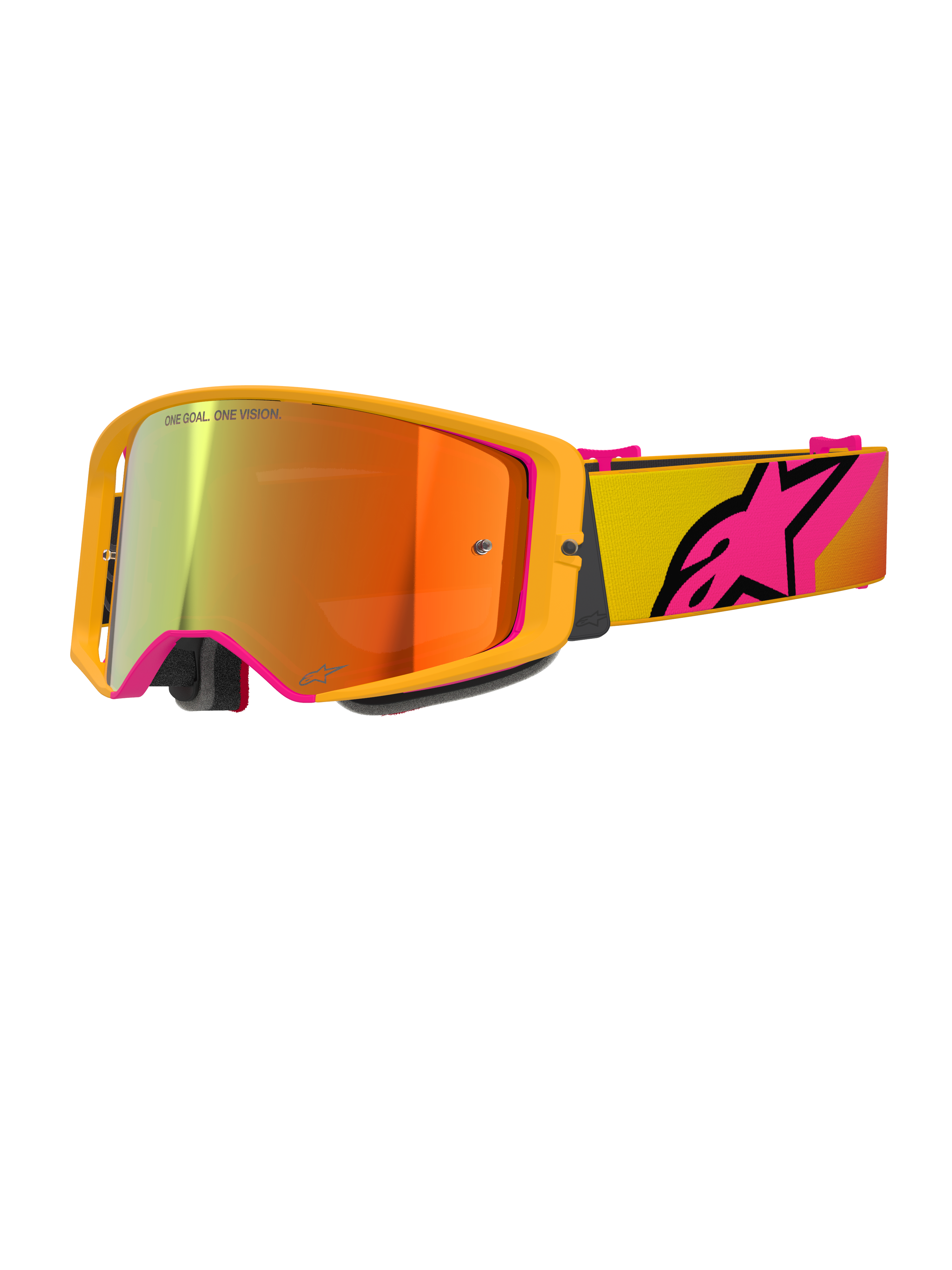 Alpinestars Supertech Corp Goggles Absolute Vision, Motocross-Brille, Gelb und Pink Mirror Rot, mit leuchtend gelbem Rahmen, verspiegelten Gläsern mit orangefarbenen und roten Reflexionen, gelbem Band mit großem pinkem Alpinestars Stern-Logo, professionelle Offroad-Rennsportbrille