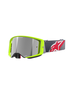 Alpinestars Supertech Corp Goggles Absolute Vision, Motocross-Brille, neongelber Rahmen mit silber verspiegelter Linse, graues Band mit großem rot-weißem Stern-Logo, 'ONE GOAL. ONE VISION.' Branding auf der Linse, strapazierfähiges Design für Offroad-Rennsport