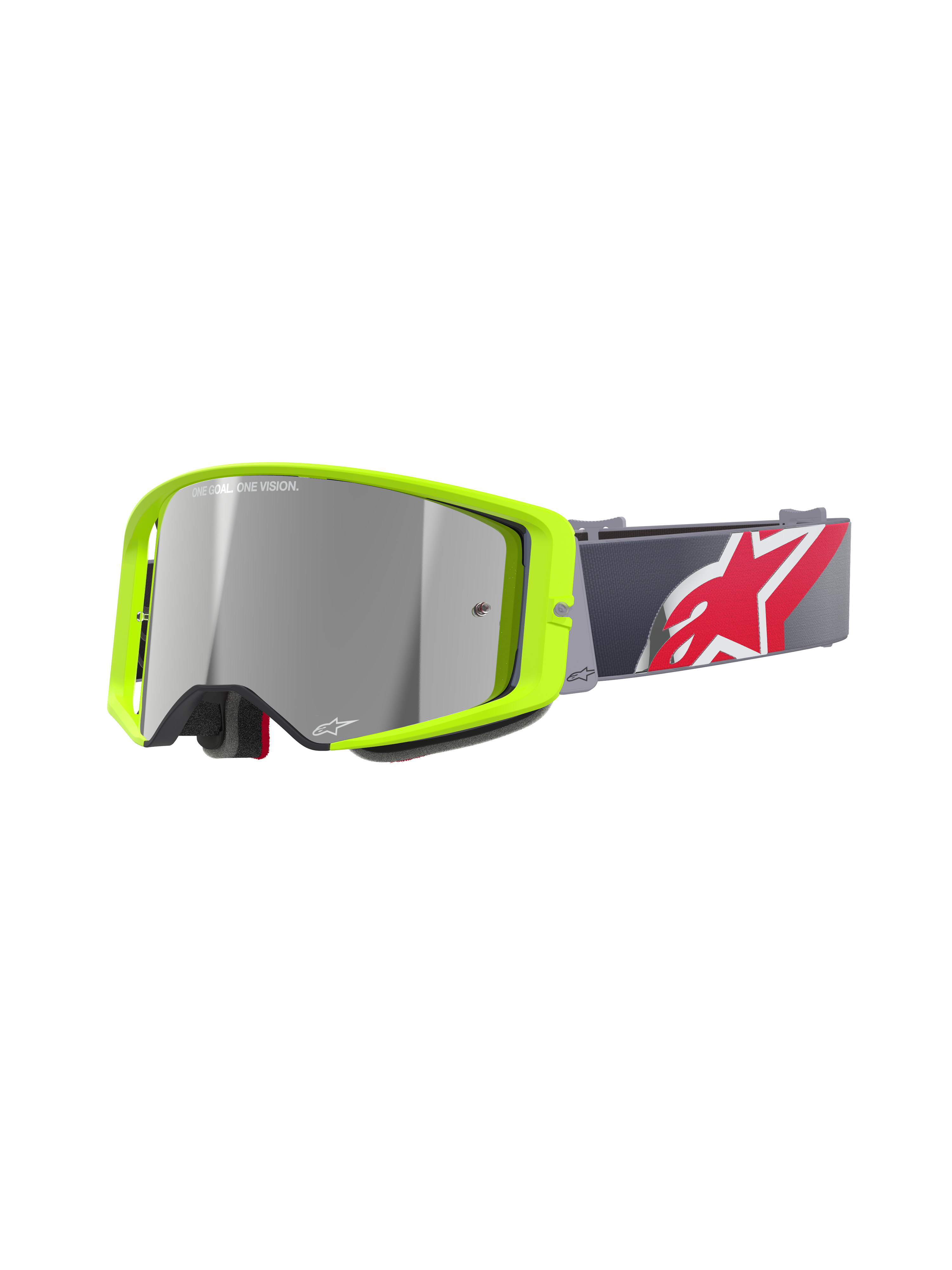 Alpinestars Supertech Corp Goggles Absolute Vision, Motocross-Brille, neongelber Rahmen mit silber verspiegelter Linse, graues Band mit großem rot-weißem Stern-Logo, 'ONE GOAL. ONE VISION.' Branding auf der Linse, strapazierfähiges Design für Offroad-Rennsport