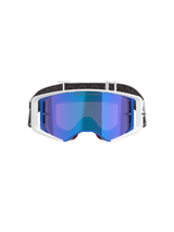 Alpinestars Supertech Corp Brille Absolute Vision, Motocross-Brille, weiß-blauer Rahmen mit blau verspiegelten Gläsern, mit „ONE GOAL. ONE VISION.“ Schriftzug auf dem Glas, verstellbares schwarz-weißes Band, Hochleistungs-Augenschutz für Offroad-Rennen