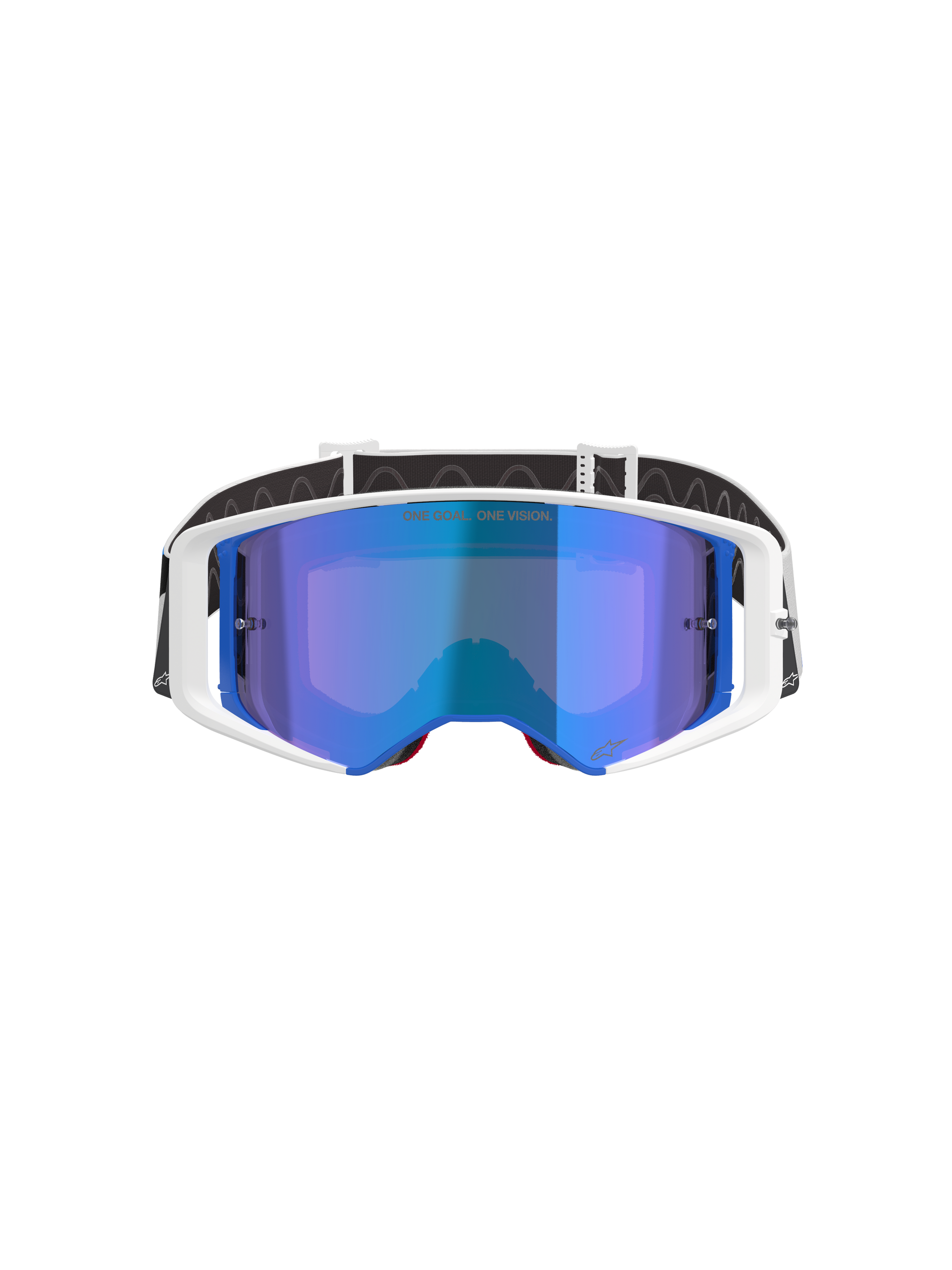 Alpinestars Supertech Corp Brille Absolute Vision, Motocross-Brille, weiß-blauer Rahmen mit blau verspiegelten Gläsern, mit „ONE GOAL. ONE VISION.“ Schriftzug auf dem Glas, verstellbares schwarz-weißes Band, Hochleistungs-Augenschutz für Offroad-Rennen