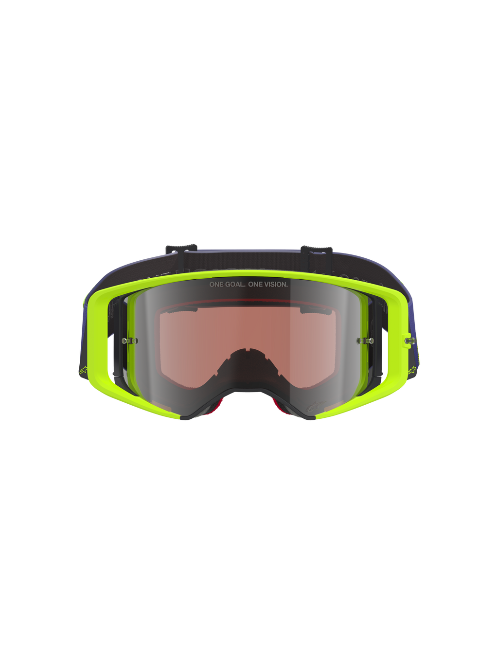 Alpinestars Supertech Vision Corp Brille, Motocross-Brille, neongelber Rahmen mit violettem Band, silber verspiegelte Gläser mit 'ONE GOAL. ONE VISION.' Text, hochleistungsfähiger Augenschutz für den Offroad-Rennsport
