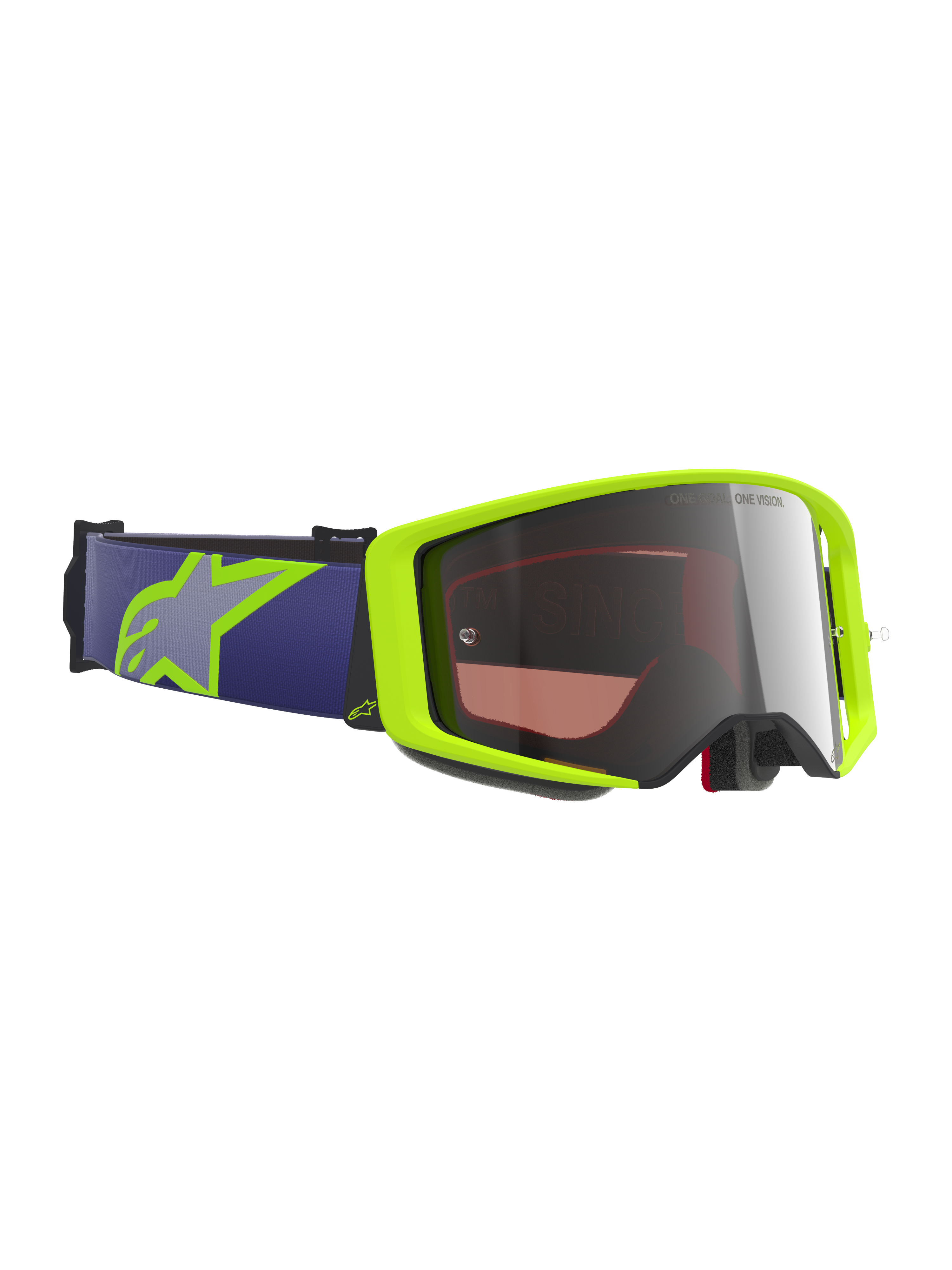 Alpinestars Supertech Vision Corp Goggles, Motocross-Brille, Neongelb und Lila, verspiegelte silberne Scheibe, lila elastisches Brillenband mit neongelbem Astars-Logo, spezieller Augenschutz für Offroad- und Dirtbike-Rennen