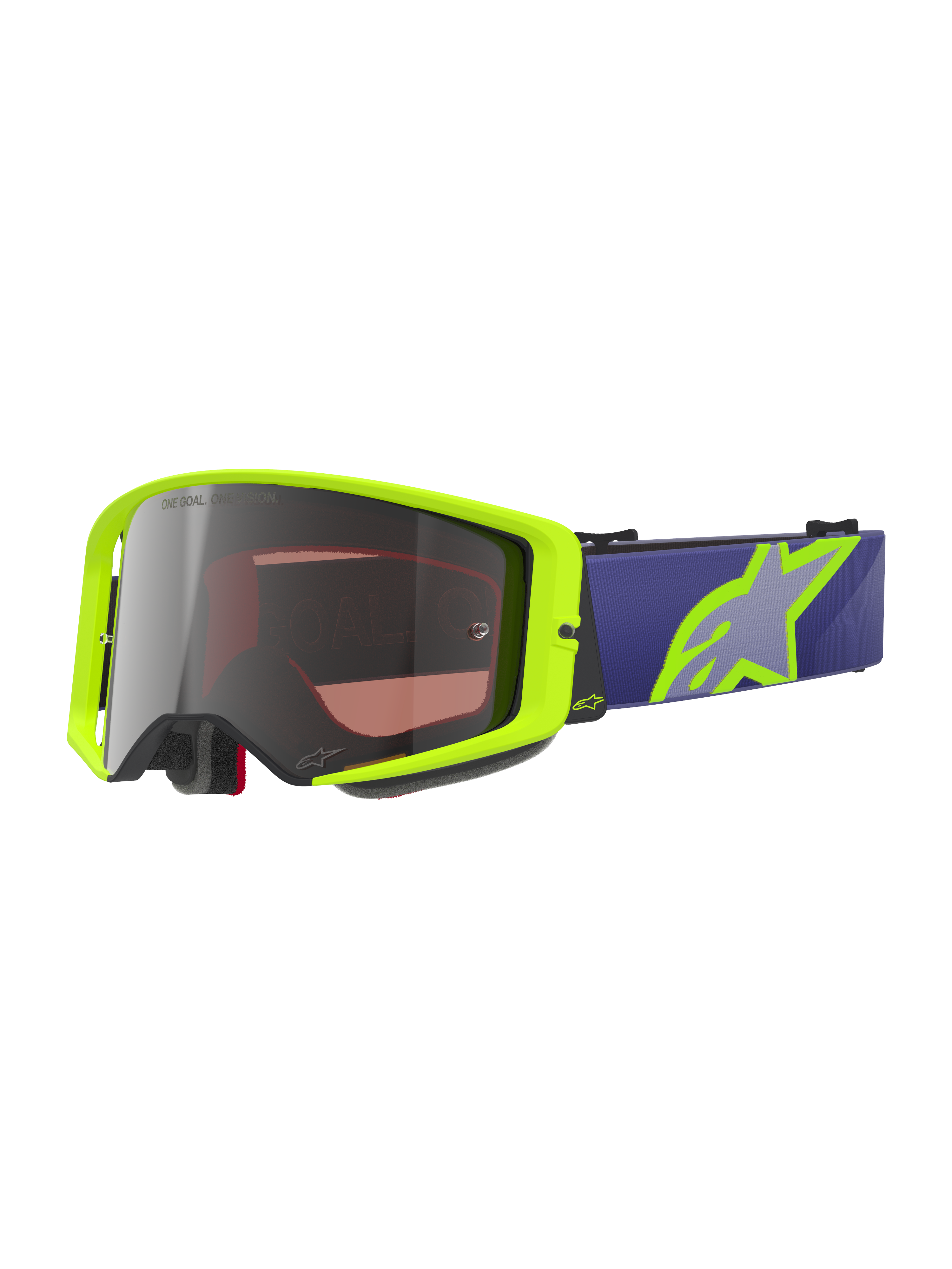 Alpinestars Supertech Vision Corp Goggles, Motocross-Offroad-Brille, Neongelb und Lila, silbern verspiegelte Linse mit One Goal One Vision Schriftzug, lila Brillenband mit großem neongelben Stern-Logo, schwarze Schaumstoffpolsterung, stoßfestes gewölbtes Linsendesign