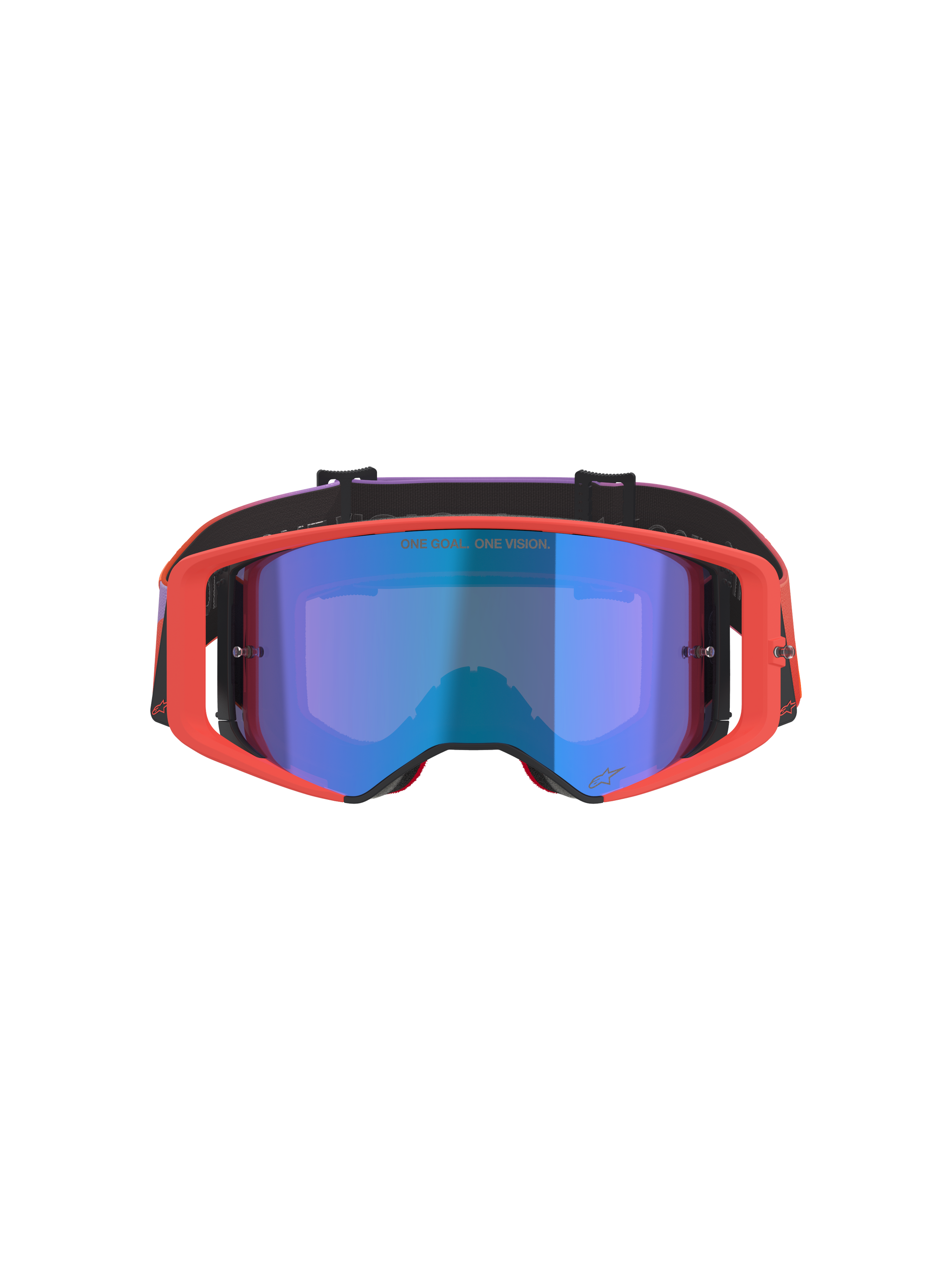 Alpinestars Supertech Vision Corp Goggles, Motocross-Brille, Hot Coral Rahmen mit blau verspiegelter, getönter Linse, lila und orangefarbenes Brillenband mit Farbverlauf, mit dem Schriftzug 'ONE GOAL. ONE VISION.', Hochleistungs-Augenschutz für den Offroad-Rennsport