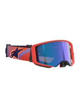Alpinestars Supertech Vision Corp Goggles, Motocross-Brille, Hot Coral Rahmen und Mirror Blue Glas, lila-korallenrot gemustertes Band mit dunkelblauem Stern-Logo, meisterschaftsbewährtes Design für Offroad-Rennen