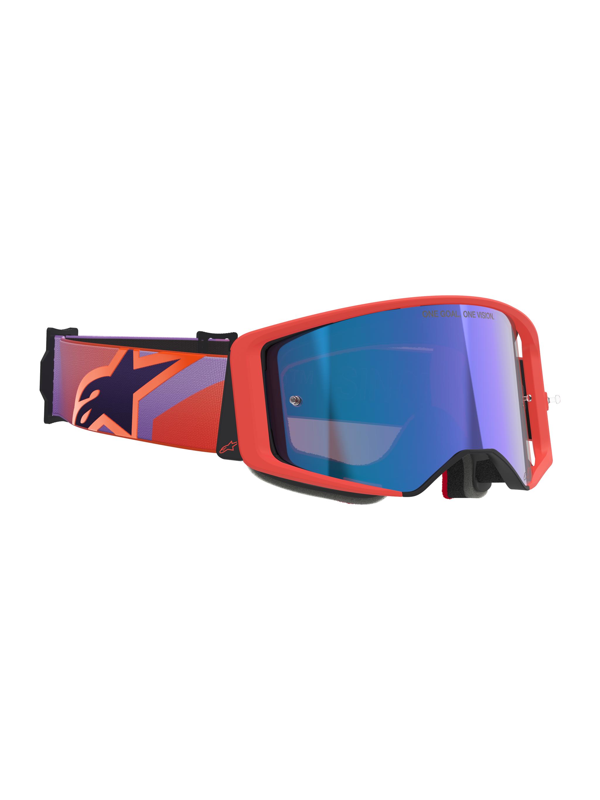 Alpinestars Supertech Vision Corp Goggles, Motocross-Brille, Hot Coral Rahmen und Mirror Blue Glas, lila-korallenrot gemustertes Band mit dunkelblauem Stern-Logo, meisterschaftsbewährtes Design für Offroad-Rennen