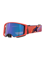 Alpinestars Supertech Vision Corp Brille, Motocross-Brille, Rahmen in Hot Coral mit blau verspiegelten Gläsern, lila und orange gemustertes Brillenband mit Alpinestars-Logo, Hochleistungs-Augenschutz für den Offroad-Sport