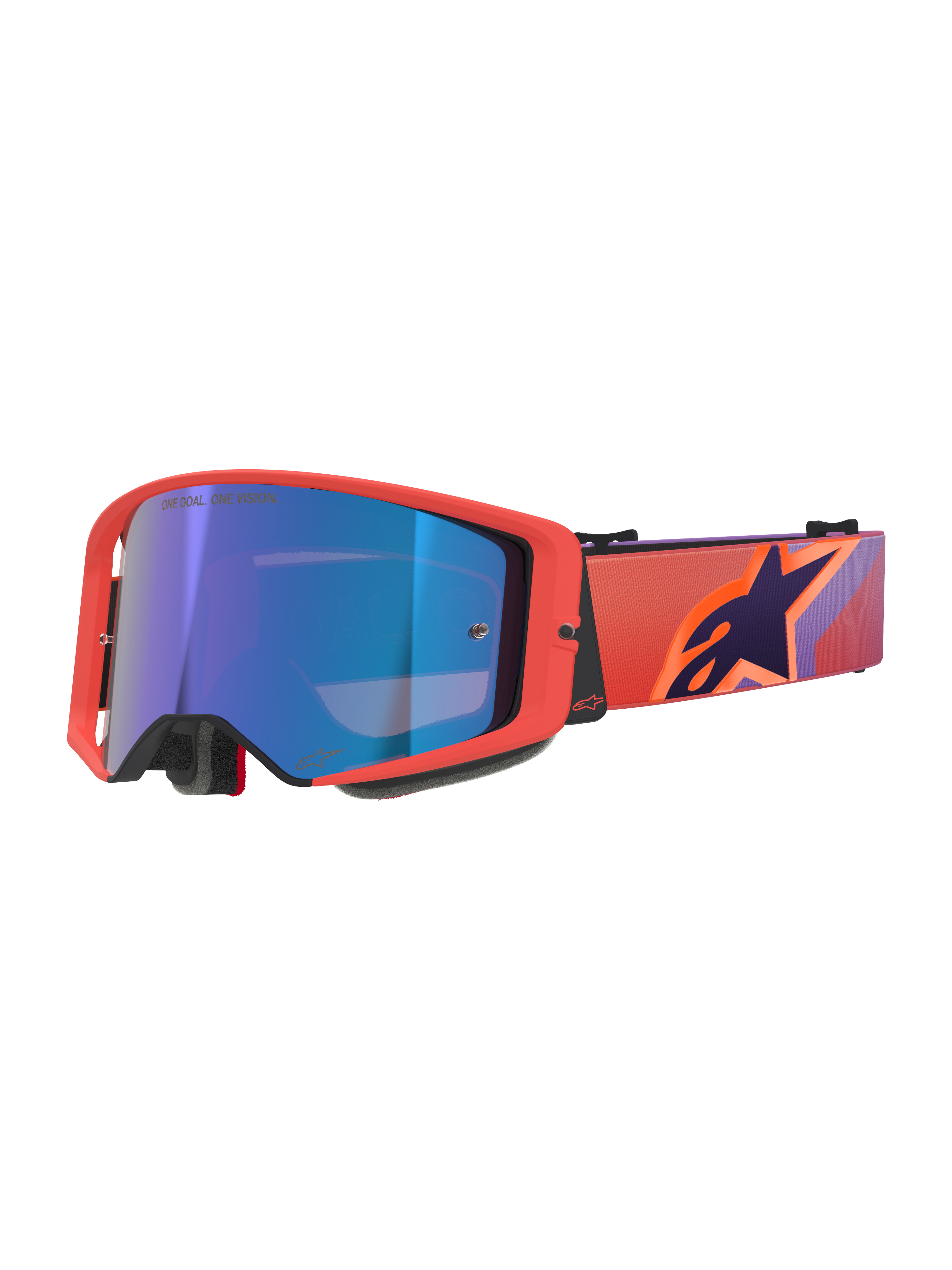 Alpinestars Supertech Vision Corp Goggles, Motocross Goggles, Hot Coral frame with Mirror Blue tinted lens, featuring a purple and orange patterned strap with the Alpinestars logo, high-performance eyewear for off-road racing