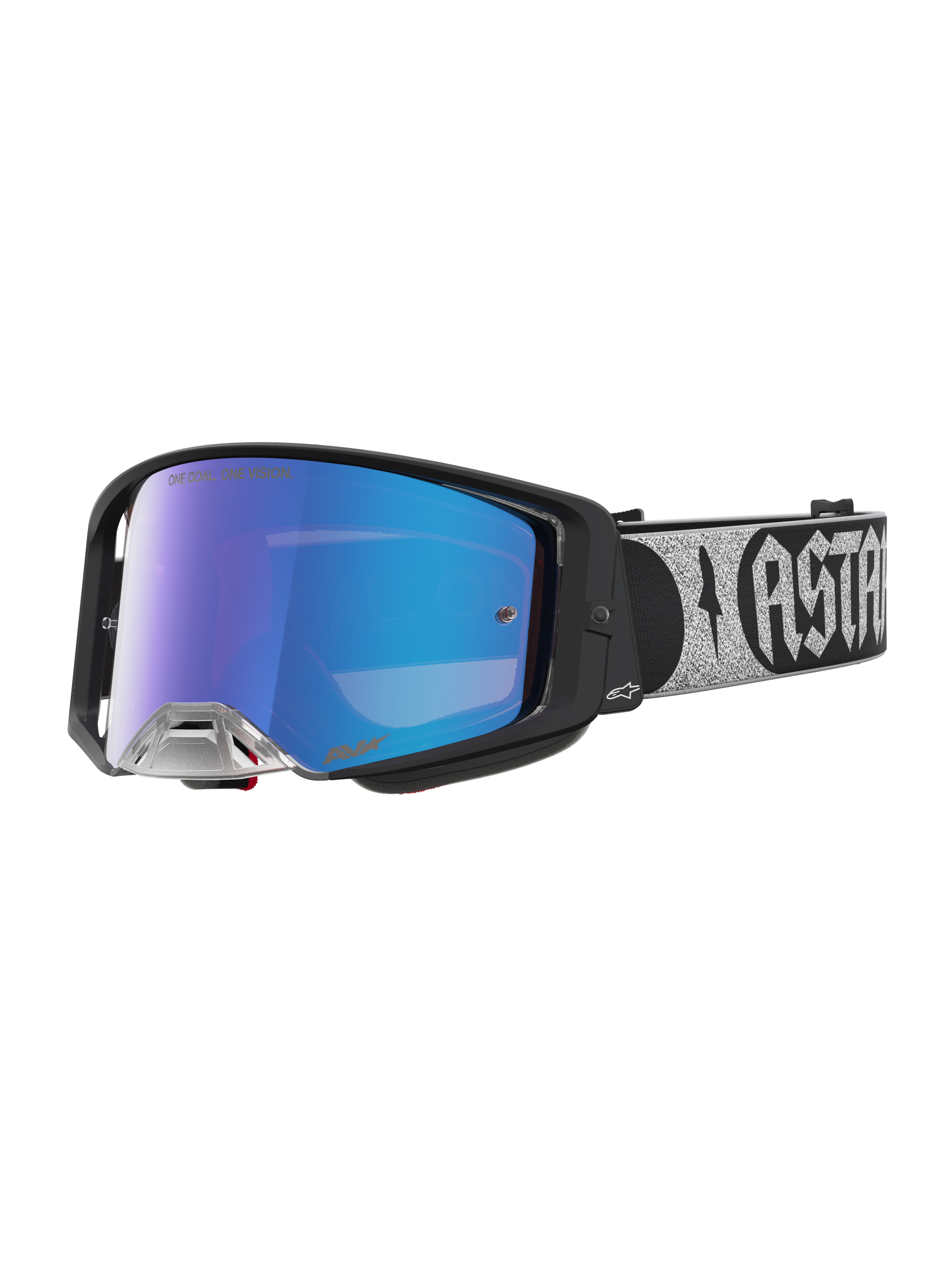 Alpinestars Supertech Atrox Motocross-Schutzbrille, Schwarz und blau verspiegelt, für professionellen Offroad-Rennsport.