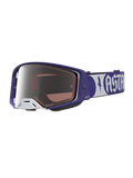 Alpinestars Supertech Atrox Schutzbrille, Motocross-Racing-Brille in Dunkelblau und Weiß mit silberner Spiegelscheibe.