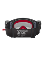 Alpinestars Supertech Corp Goggles Roll Off, Motocross-Brille, Schwarz und Grau mit roten Akzenten, Rückansicht mit breitem Band und weißem 'ALPINESTARS ONE GOAL. ONE VISION.' Text, integrierte Roll-Off-Behälter, roter mehrlagiger Gesichtsschaum, professioneller Augenschutz