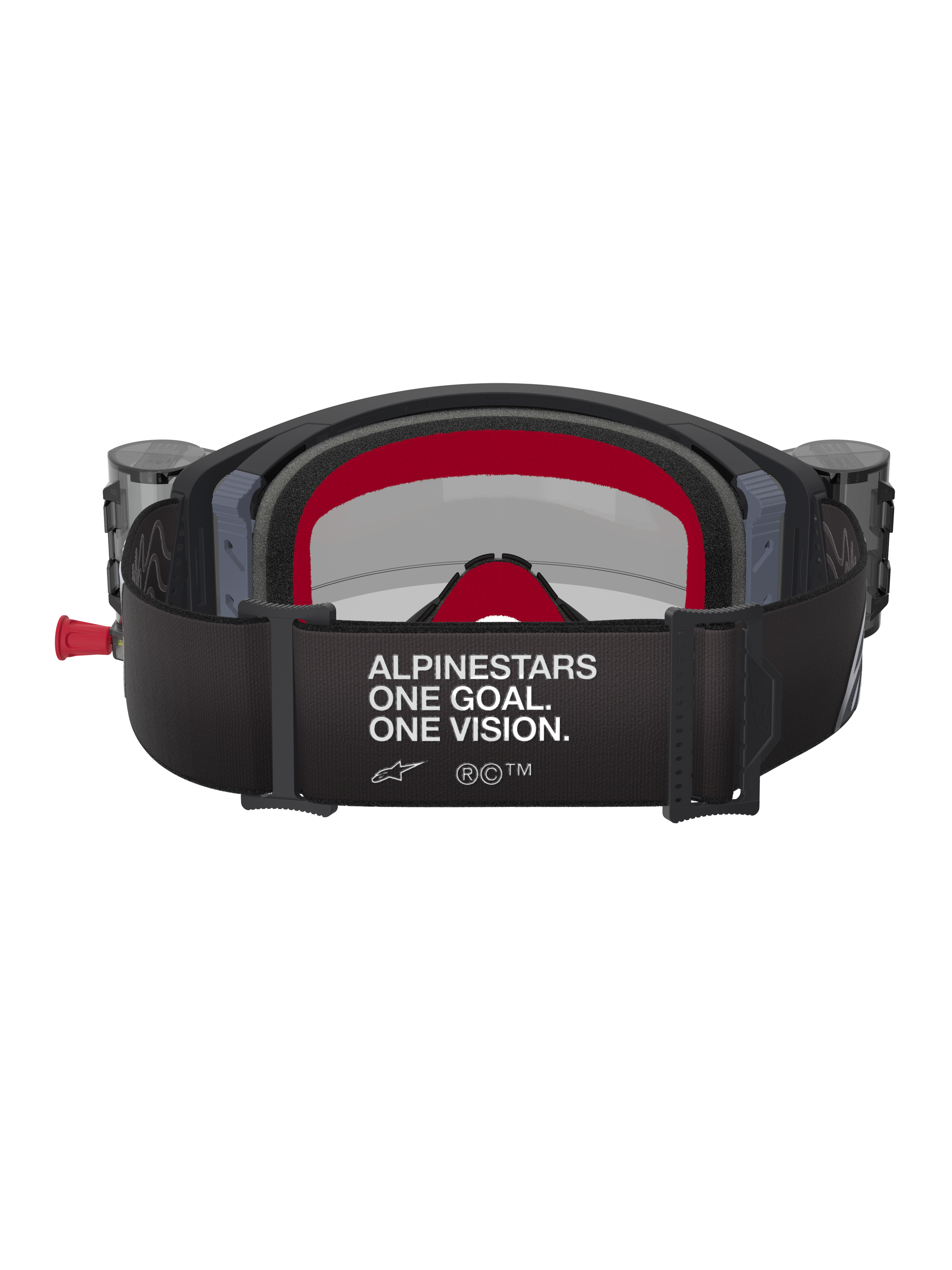 Alpinestars Supertech Corp Goggles Roll Off, Motocross-Brille, Schwarz und Grau mit roten Akzenten, Rückansicht mit breitem Band und weißem 'ALPINESTARS ONE GOAL. ONE VISION.' Text, integrierte Roll-Off-Behälter, roter mehrlagiger Gesichtsschaum, professioneller Augenschutz