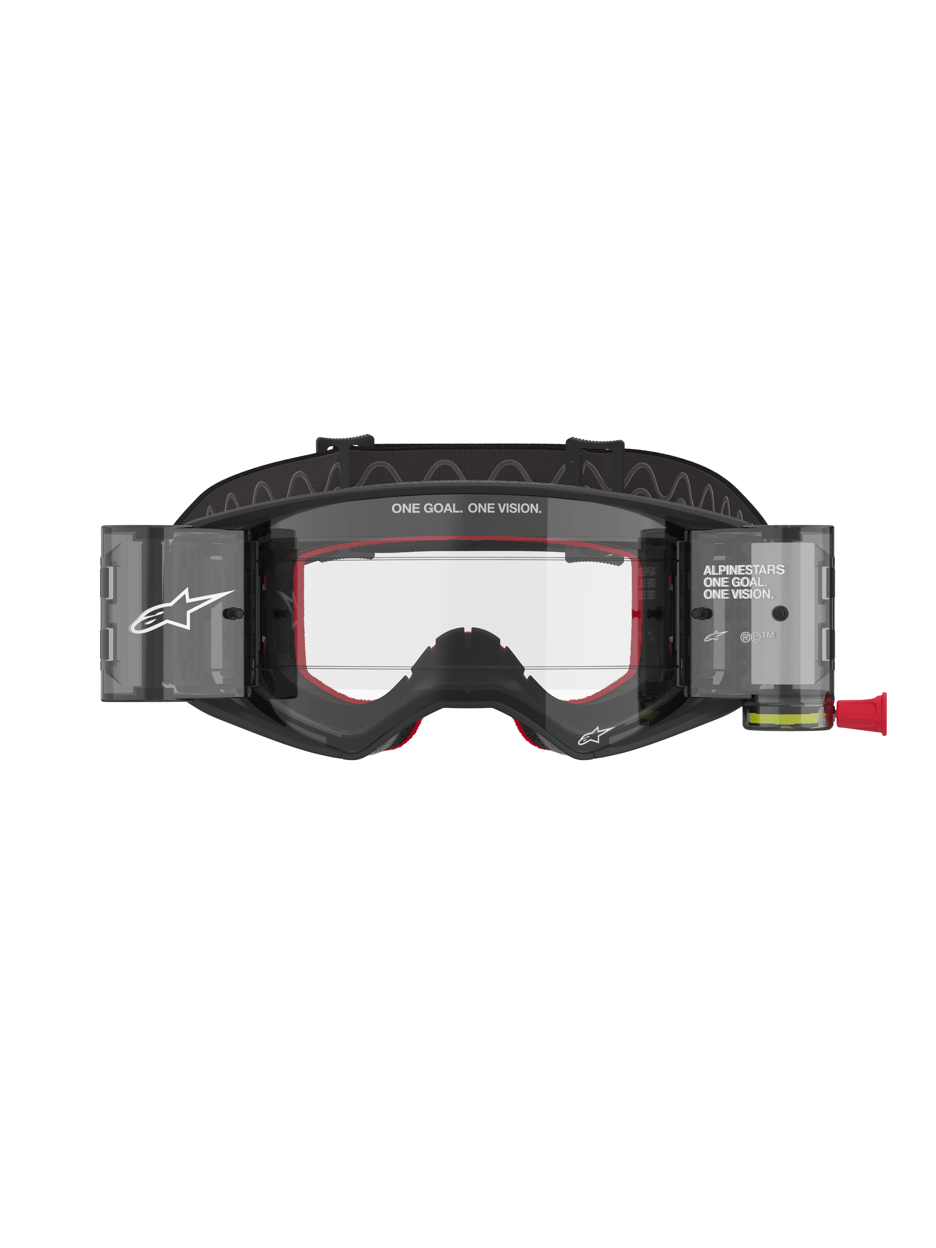 Alpinestars Supertech Corp Roll-Off Brille, Motocross- und MTB-Brille, Schwarz und Grau mit rotem Innenschaum, klare Linse mit Wide Vision Roll-Off-System, „ONE GOAL. ONE VISION.“ Branding, technischer Offroad-Augenschutz mit modernem, eckigem Design