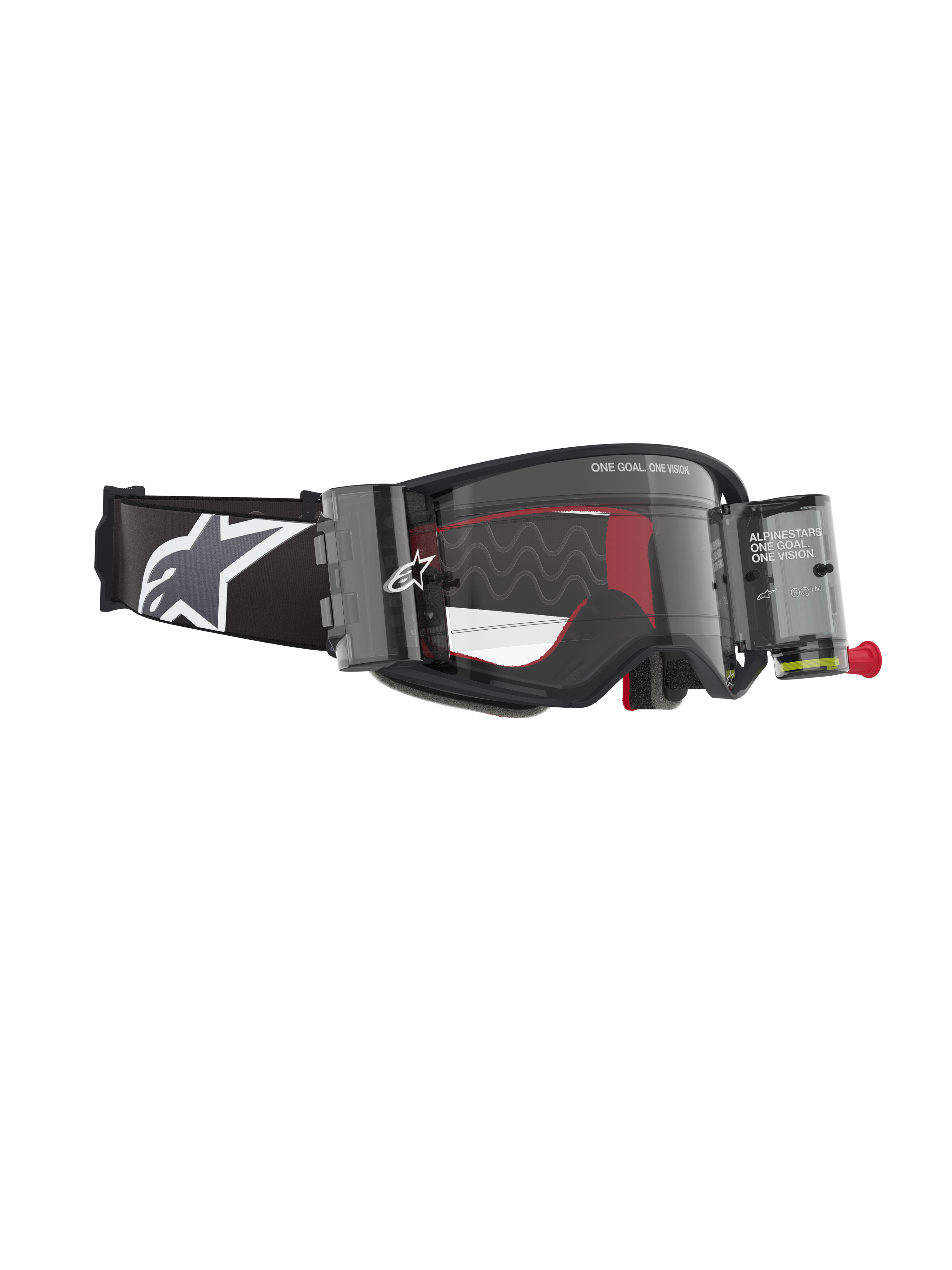 Alpinestars Supertech Corp Roll-Off Brille, Schwarz und Grau, Wide Vision Roll-Off-System mit transparenten Behältern, klare Linse mit Silikon-Gleitlinien, breites schwarzes Band mit weißem Astars-Logo, konzipiert für professionellen Motocross- und Offroad-Rennsport