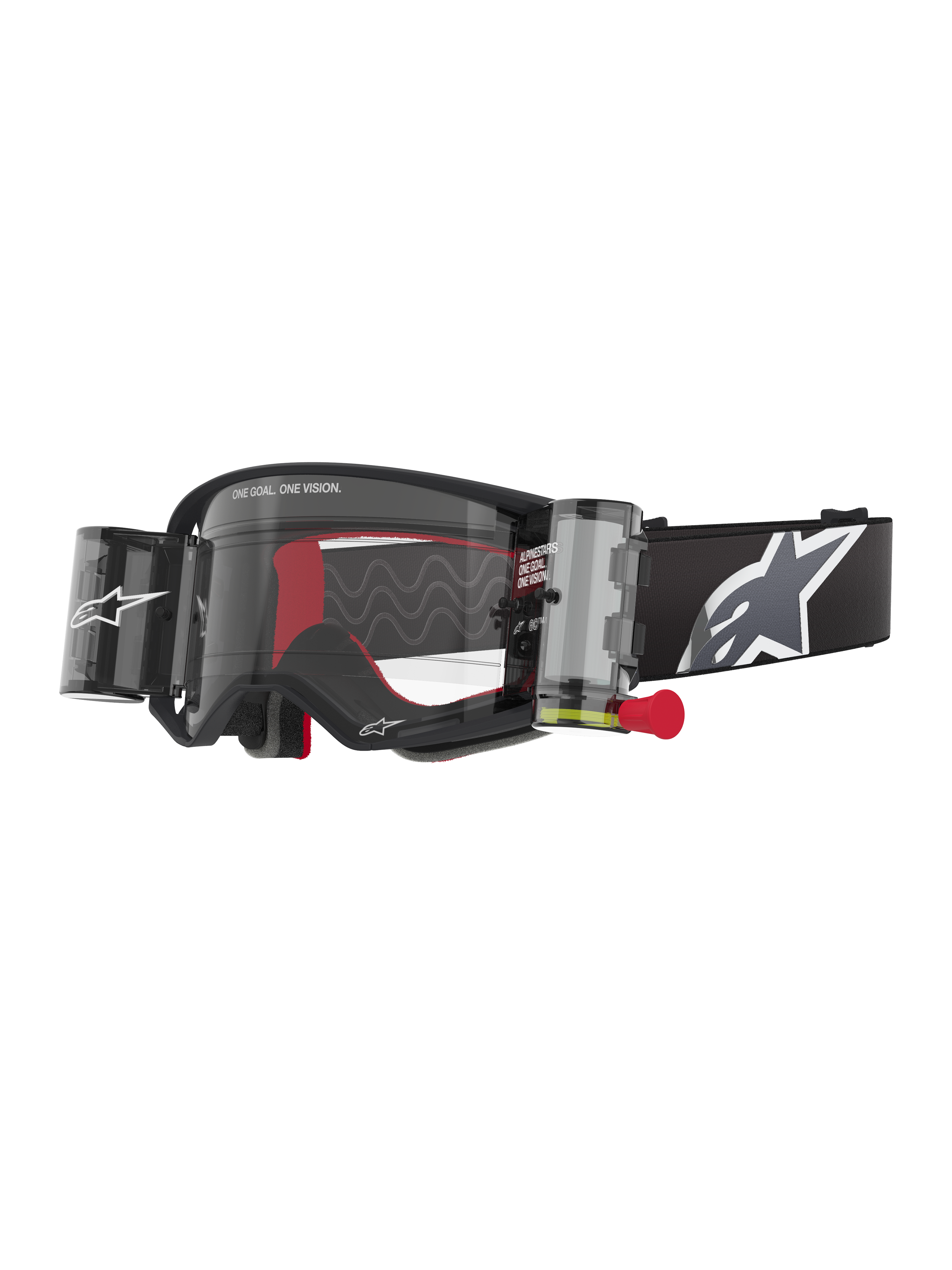 Alpinestars Supertech Corp Roll-Off Brille, schwarzer Rahmen mit klarer Linse, Wide Vision Roll-Off-System und roter Zuglasche, schwarzes Band mit großem grau-weißen Alpinestars-Logo, technische Motocross-Brille mit „One Goal. One Vision.“ Branding