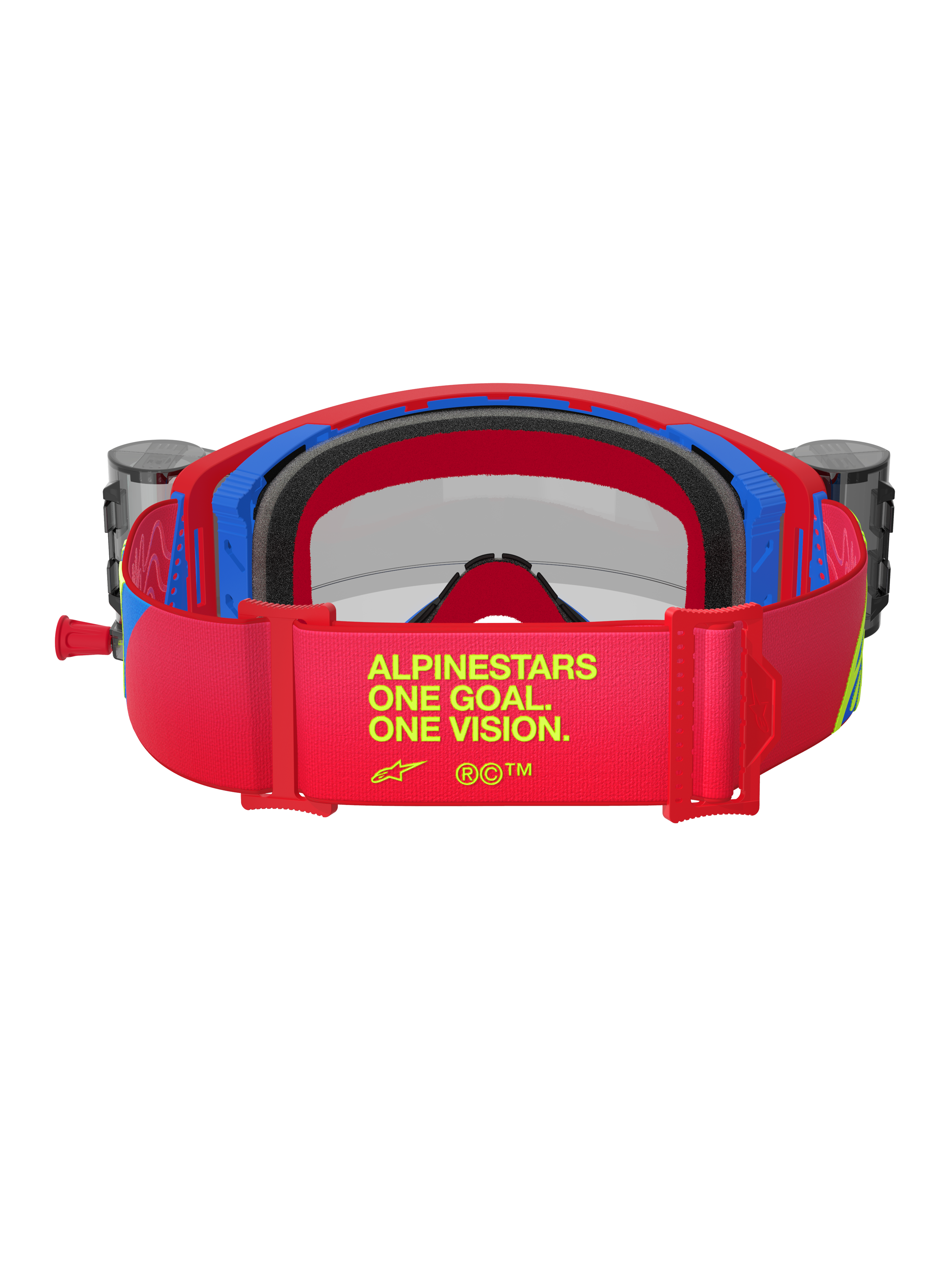 Alpinestars Supertech Corp Goggles, rote und blaue Motocross-Brille, Rückansicht mit rotem verstellbarem Band, gelbem „ALPINESTARS ONE GOAL. ONE VISION.“-Branding, integrierten Roll-off-Behältern und schwarzem mehrlagigem Gesichtsschaum.