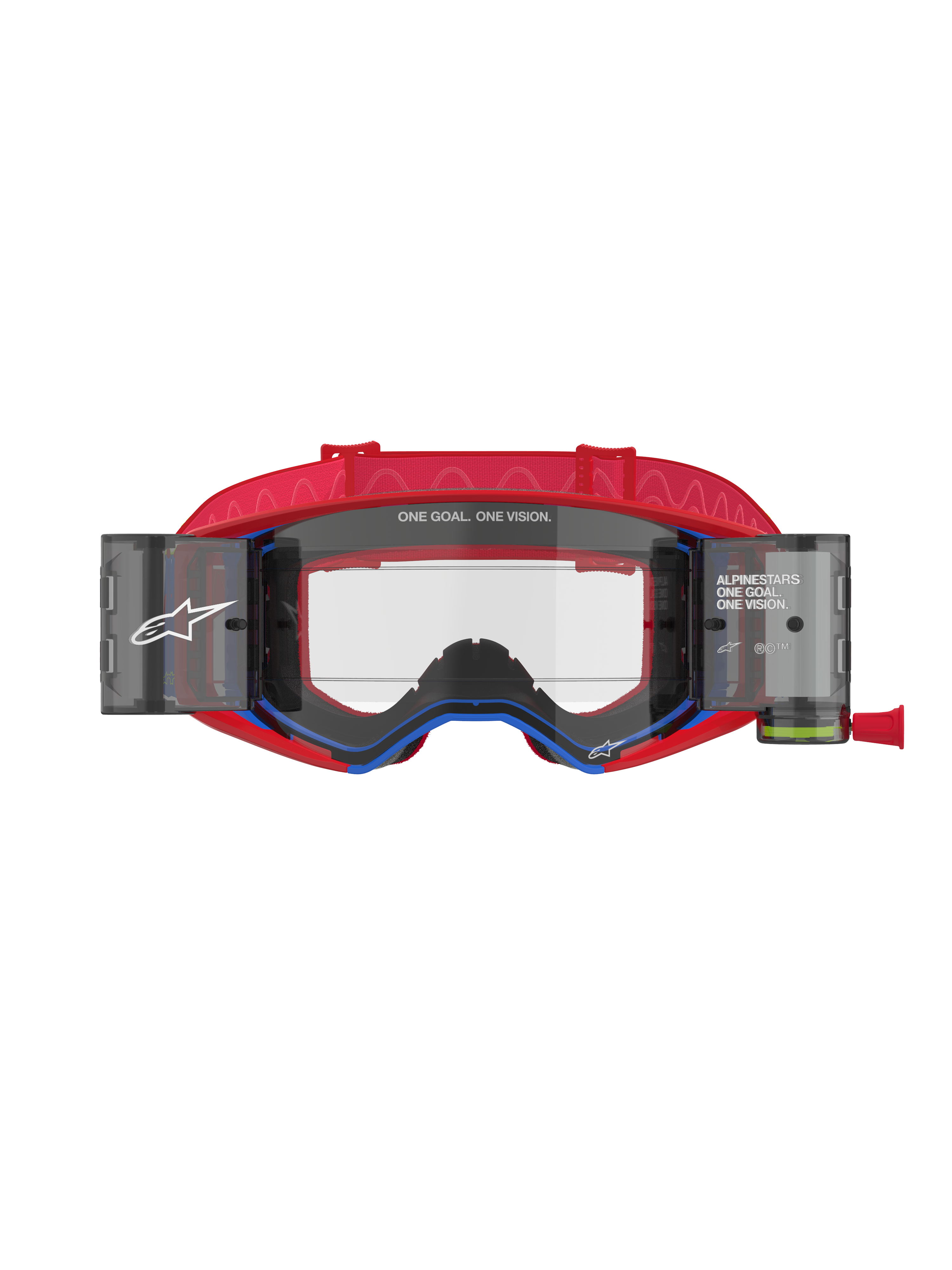 Alpinestars Supertech Corp Roll-Off Brille, Motocross-Brille, Rot und Blau, klare spritzgegossene Linse mit integrierten Roll-Off-Behältern und Film, rotes gemustertes Band, professioneller Augenschutz für Offroad-Rennsport