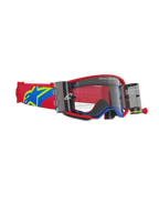 Alpinestars Supertech Corp Roll-Off Brille, Motocross-Brille, rot-blauer Rahmen mit klarer Linse, integriertes Wide Vision Roll-Off-System mit zwei Kanistern, verstellbares rotes Band mit blau-gelbem Stern-Logo, professioneller Augenschutz für den Offroad-Rennsport.