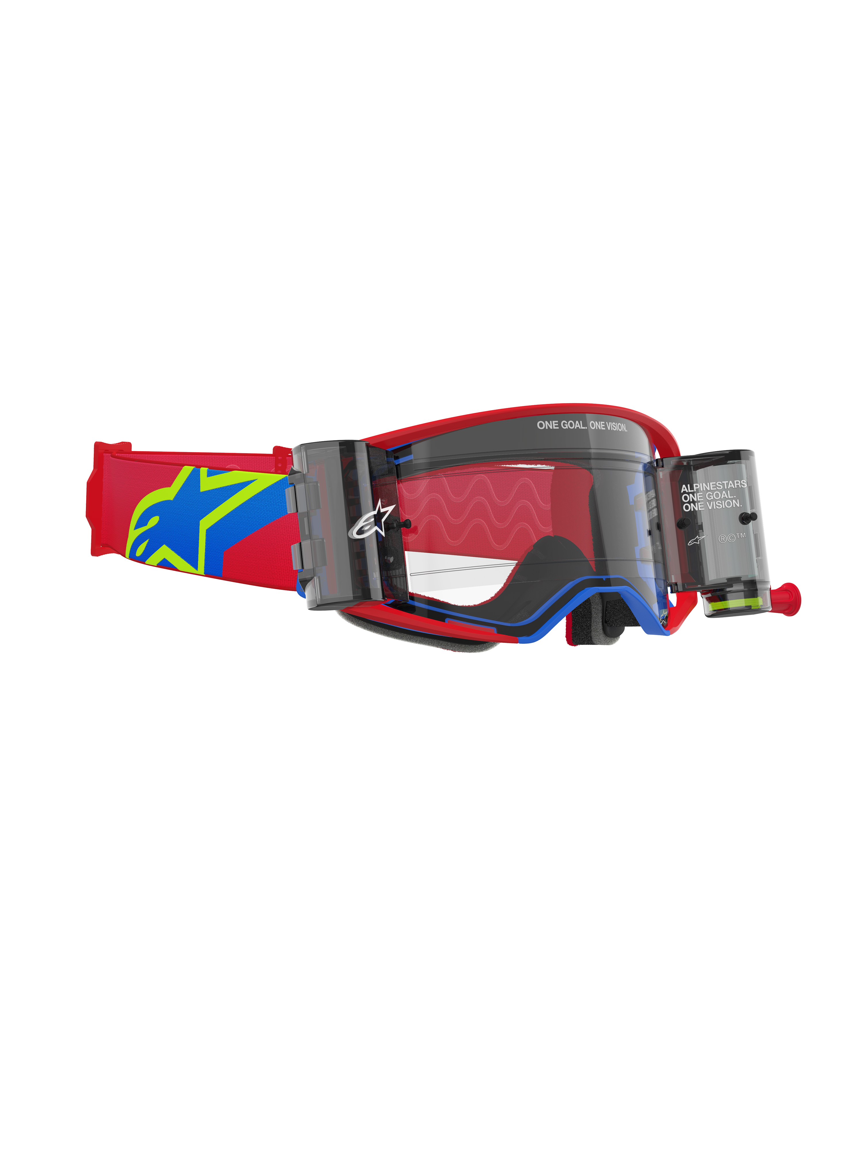 Alpinestars Supertech Corp Roll-Off Brille, Motocross-Brille, rot-blauer Rahmen mit klarer Linse, integriertes Wide Vision Roll-Off-System mit zwei Kanistern, verstellbares rotes Band mit blau-gelbem Stern-Logo, professioneller Augenschutz für den Offroad-Rennsport.