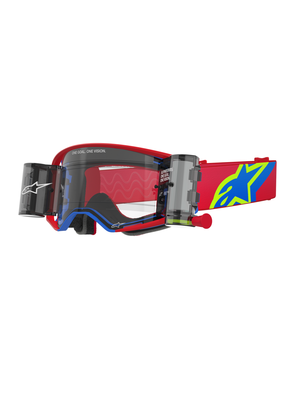 Alpinestars Supertech Corp Goggles Roll-Off, Motocross-Schutzbrille, Rot und Blau mit klarer Linse, integriertes Wide Vision Roll-Off-System, klare spritzgegossene Linse, roter Rahmen mit blauen Akzenten, breites rotes Band mit blauem und gelbem Stern-Logo, professioneller Augenschutz für den Offroad-Rennsport
