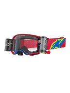 Alpinestars Supertech Corp Goggles Roll-Off, Motocross-Schutzbrille, Rot und Blau mit klarer Linse, integriertes Wide Vision Roll-Off-System, klare spritzgegossene Linse, roter Rahmen mit blauen Akzenten, breites rotes Band mit blauem und gelbem Stern-Logo, professioneller Augenschutz für den Offroad-Rennsport