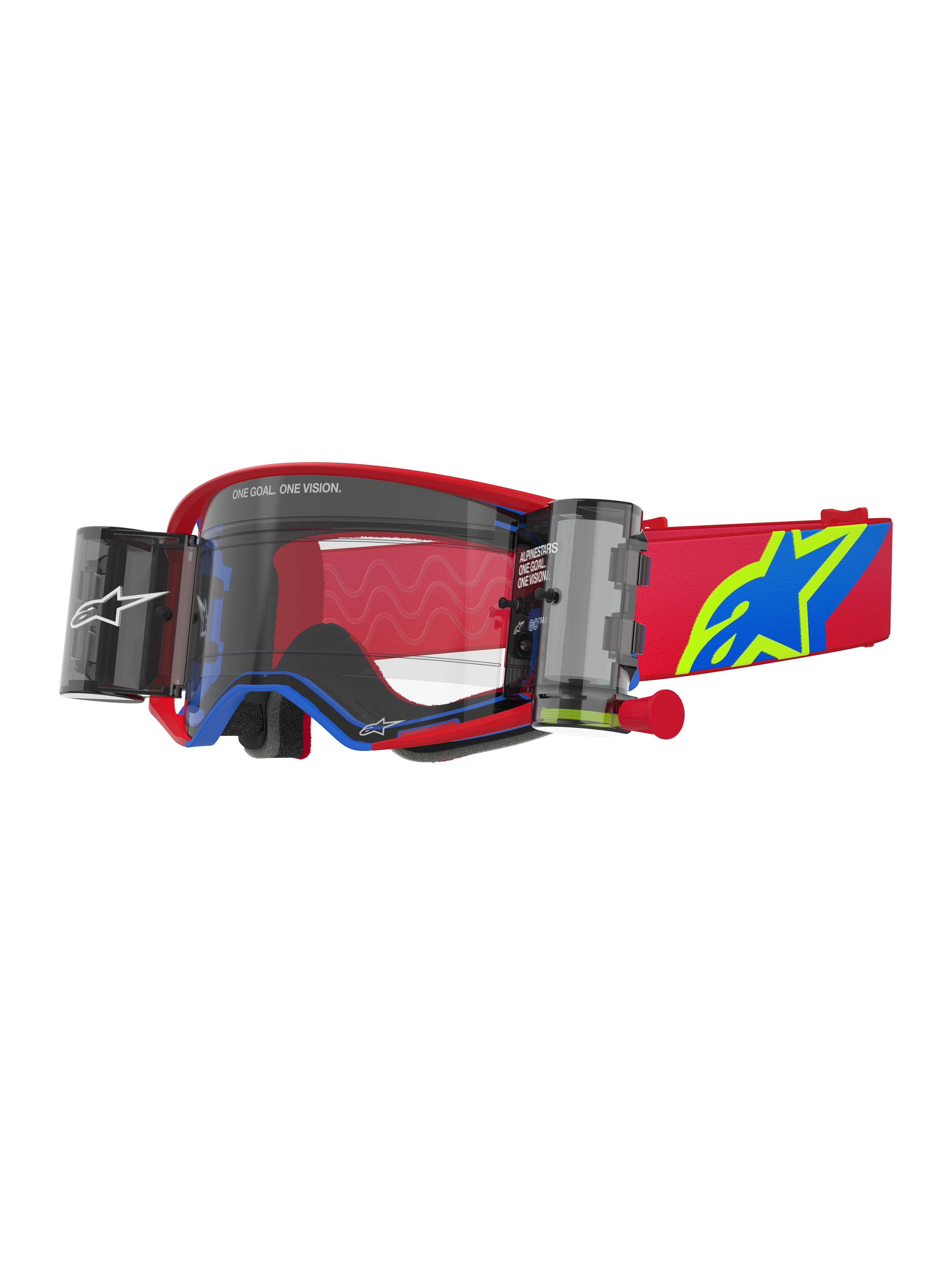Alpinestars Supertech Corp Goggles Roll-Off, Motocross-Schutzbrille, Rot und Blau mit klarer Linse, integriertes Wide Vision Roll-Off-System, klare spritzgegossene Linse, roter Rahmen mit blauen Akzenten, breites rotes Band mit blauem und gelbem Stern-Logo, professioneller Augenschutz für den Offroad-Rennsport