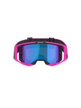 Alpinestars Vision 8 Vista Goggles, Motocross Goggles, Pink Fluo and Yellow Fluo with Mirror Blue Lens, vibrant pink frame, mirrored blue lens, black strap with 'ONE GOAL. ONE VISION.' branding, professional off-road racing eyewear