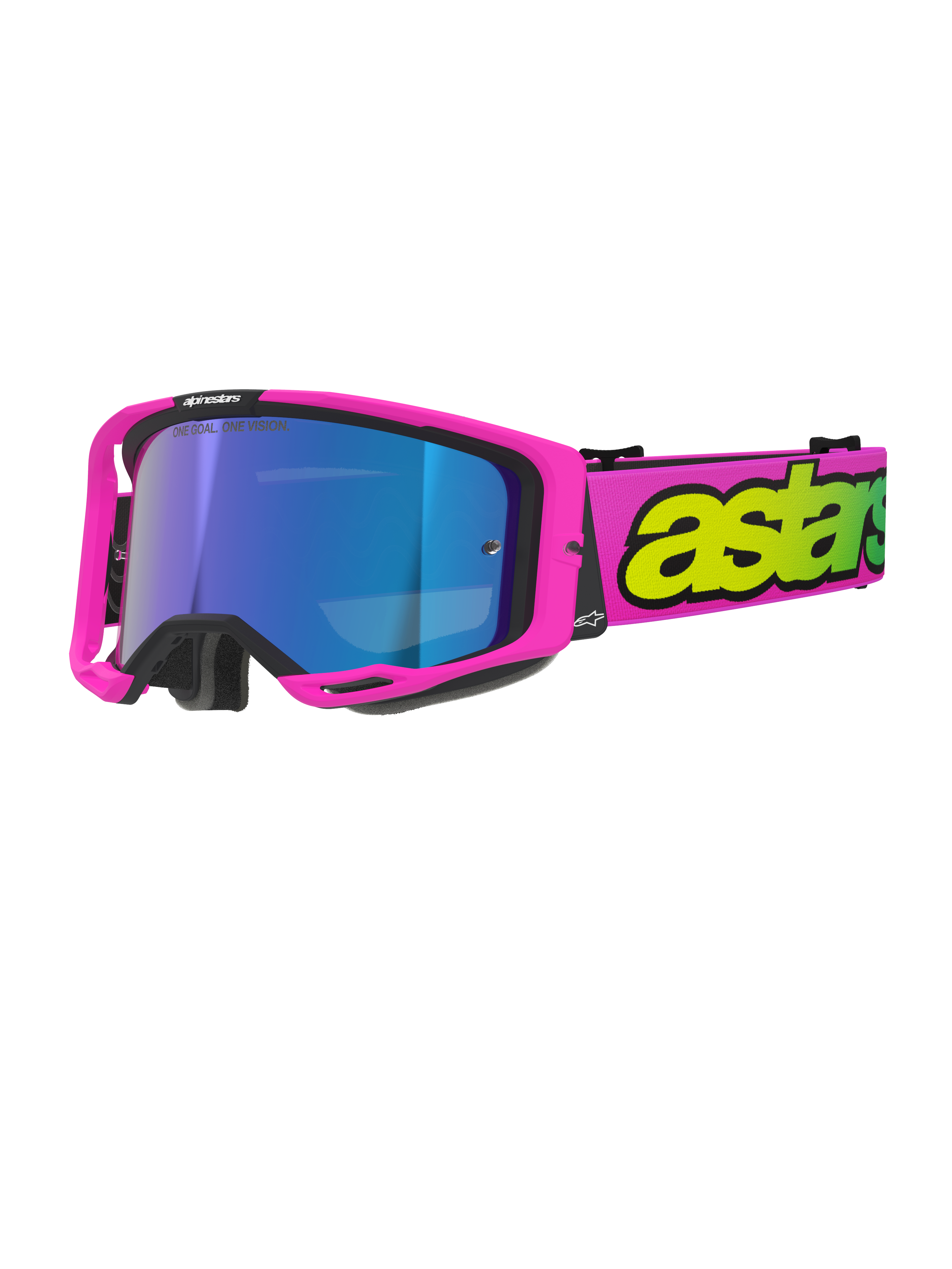 Alpinestars Vision 8 Vista Schutzbrille, Motocross-Brille, Neonpink und Neongelb mit blau verspiegelter Sichtscheibe, leuchtend pinker Rahmen, breites pinkes Brillenband mit auffälligem neongelbem Branding, Hochleistungs-Offroad-Schutzbrille