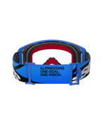 Alpinestars Supertech Stream Goggles, Motocross-Brille, Blau und Transparent, Rückansicht des blauen Brillenbands mit „ALPINESTARS ONE GOAL. ONE VISION.“ Text, schwarz-weißen Grafiken und rot-schwarzer Schaumstoffpolsterung