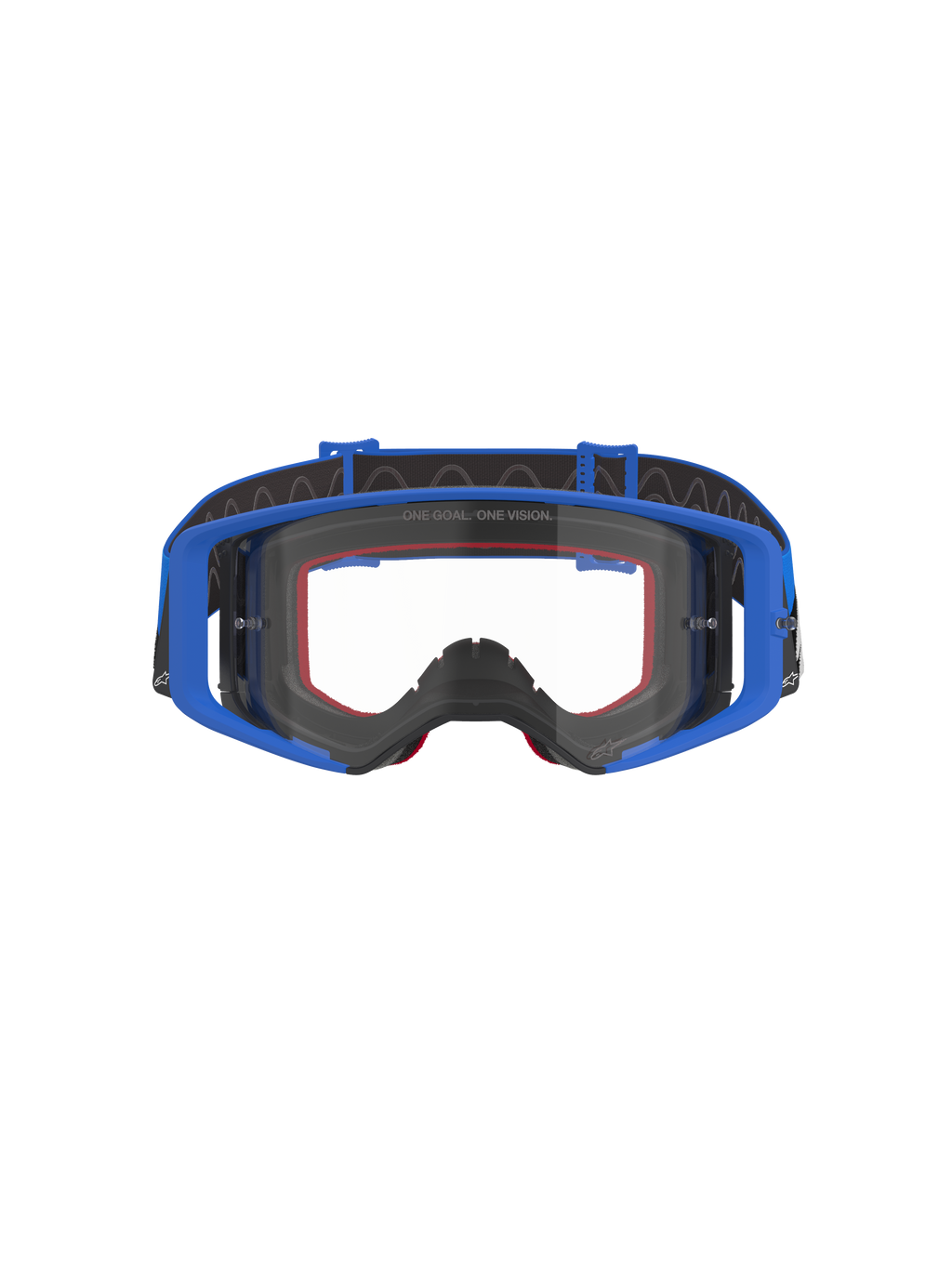 Alpinestars Supertech Stream Goggles, Motocross- und Off-Road-Schutzbrille, Blau mit klarer Scheibe, blauer Rahmen, rote Schaumstoffpolsterung, schwarzes verstellbares Band mit Silikon-Grip, „ONE GOAL. ONE VISION.“-Branding auf der Scheibe, hochwertige Schutzbrille für den Rennsport.