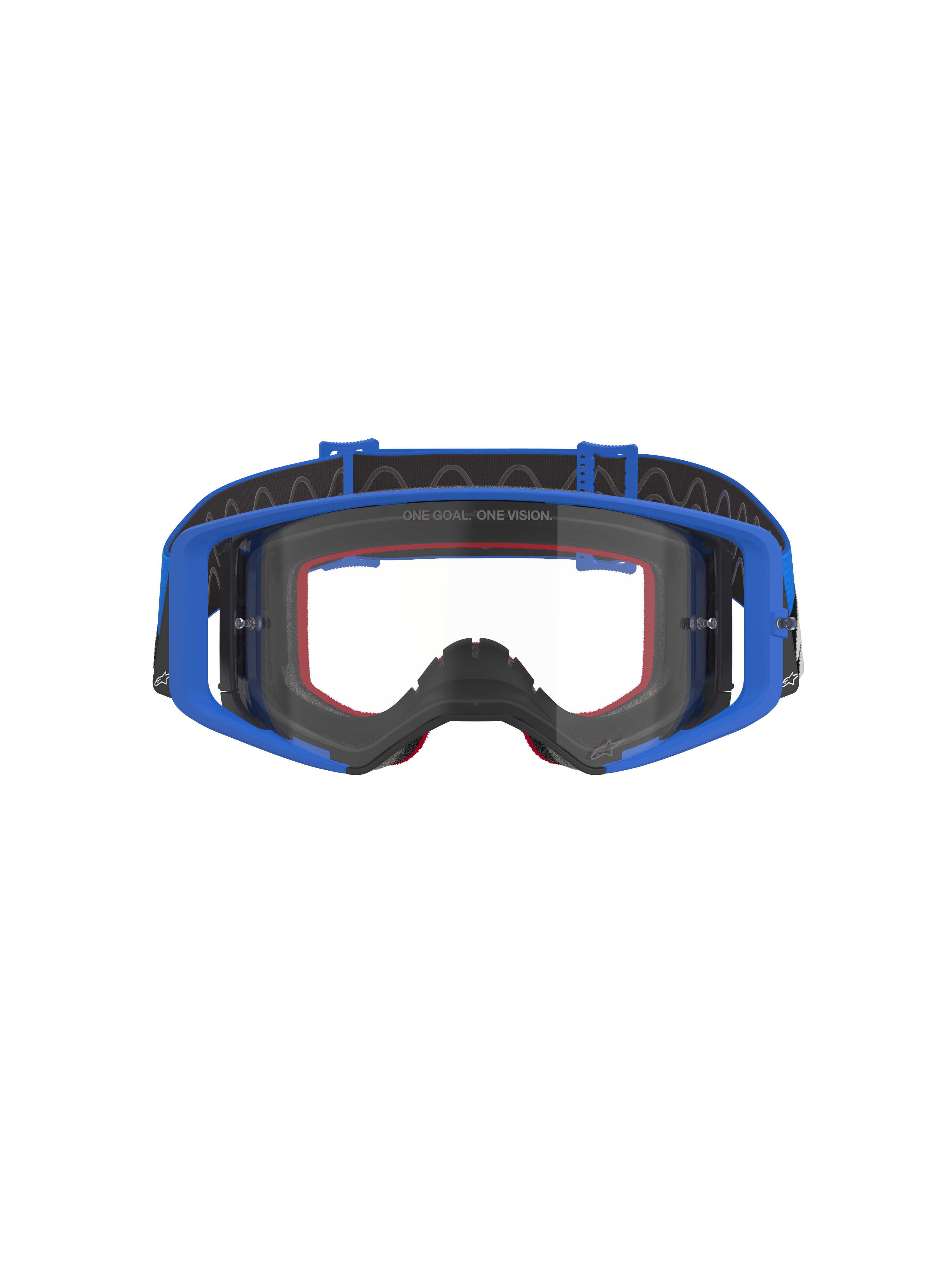 Alpinestars Supertech Stream Goggles, Motocross- und Off-Road-Schutzbrille, Blau mit klarer Scheibe, blauer Rahmen, rote Schaumstoffpolsterung, schwarzes verstellbares Band mit Silikon-Grip, „ONE GOAL. ONE VISION.“-Branding auf der Scheibe, hochwertige Schutzbrille für den Rennsport.