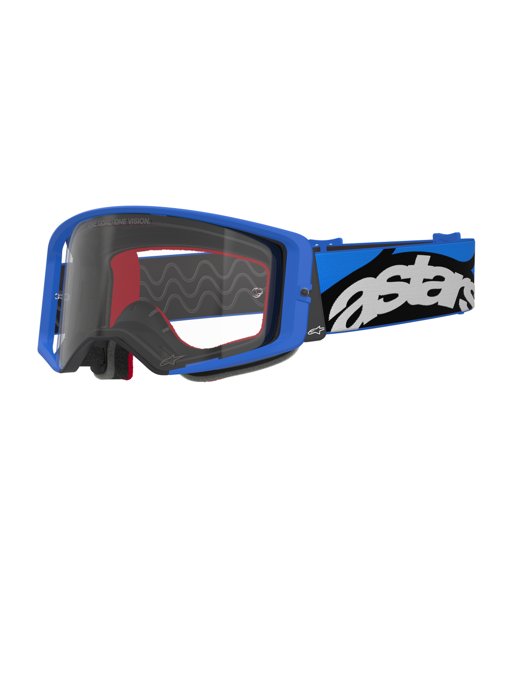 Alpinestars Supertech Stream Goggles, Motocross-Brille, Blau und Transparent, leuchtend blauer Rahmen mit klarer Sichtscheibe, breites verstellbares Band in Blau und Schwarz mit markantem weißen „astars“-Logo, rote Akzente am Innenschaum, professionelle Ausrüstung für Offroad- und Motocross-Rennen
