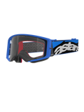 Alpinestars Supertech Stream Goggles, Motocross-Brille, Blau und Transparent, leuchtend blauer Rahmen mit klarer Sichtscheibe, breites verstellbares Band in Blau und Schwarz mit markantem weißen „astars“-Logo, rote Akzente am Innenschaum, professionelle Ausrüstung für Offroad- und Motocross-Rennen