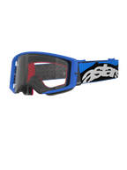 Alpinestars Supertech Stream Goggles, Motocross-Brille, Blau und Transparent, leuchtend blauer Rahmen mit klarer Sichtscheibe, breites verstellbares Band in Blau und Schwarz mit markantem weißen „astars“-Logo, rote Akzente am Innenschaum, professionelle Ausrüstung für Offroad- und Motocross-Rennen