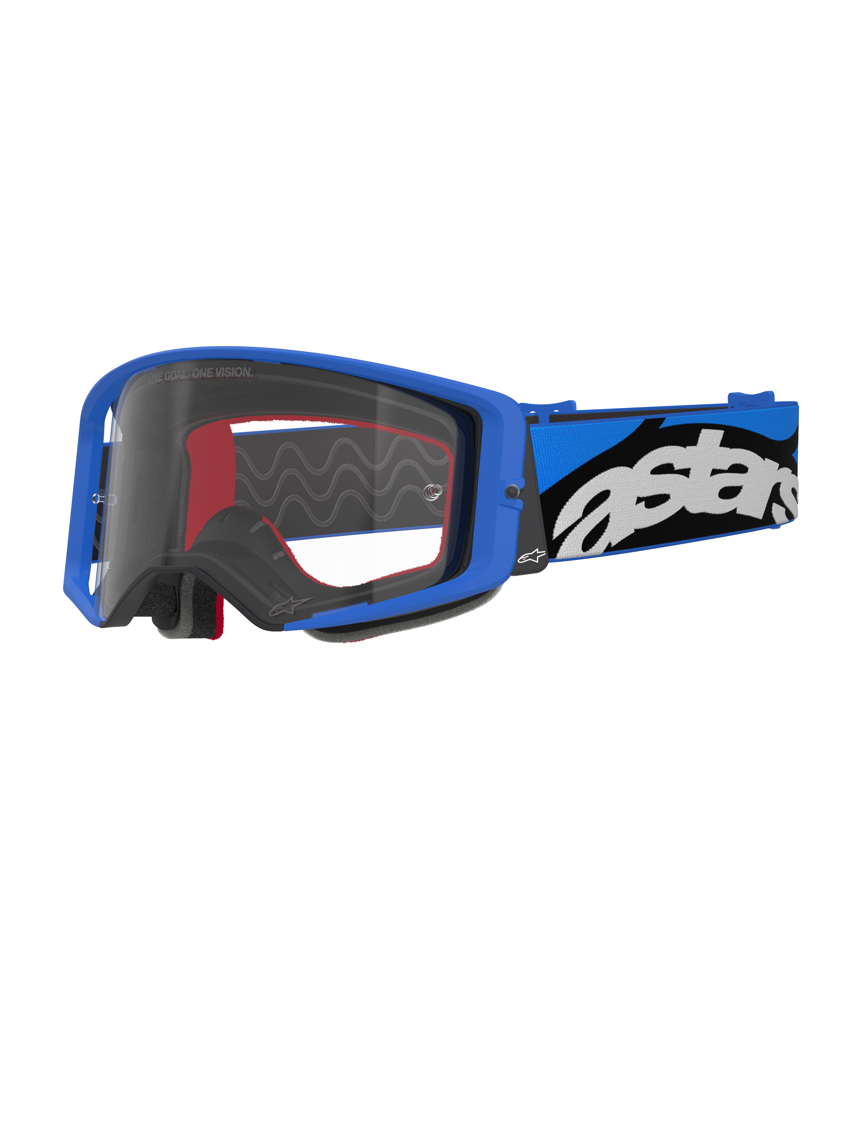 Alpinestars Supertech Stream Goggles, Motocross-Brille, Blau und Transparent, leuchtend blauer Rahmen mit klarer Sichtscheibe, breites verstellbares Band in Blau und Schwarz mit markantem weißen „astars“-Logo, rote Akzente am Innenschaum, professionelle Ausrüstung für Offroad- und Motocross-Rennen