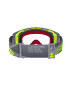 Alpinestars Supertech Stream Goggles, Motocross-Brille, Grau und Fluo-Gelb, Rückansicht mit verstellbarem grauem Band und dem Text „ONE GOAL. ONE VISION.“, klare Sichtscheibe und mehrlagiger Gesichtsschaumstoff, professionelle Offroad-Rennausrüstung