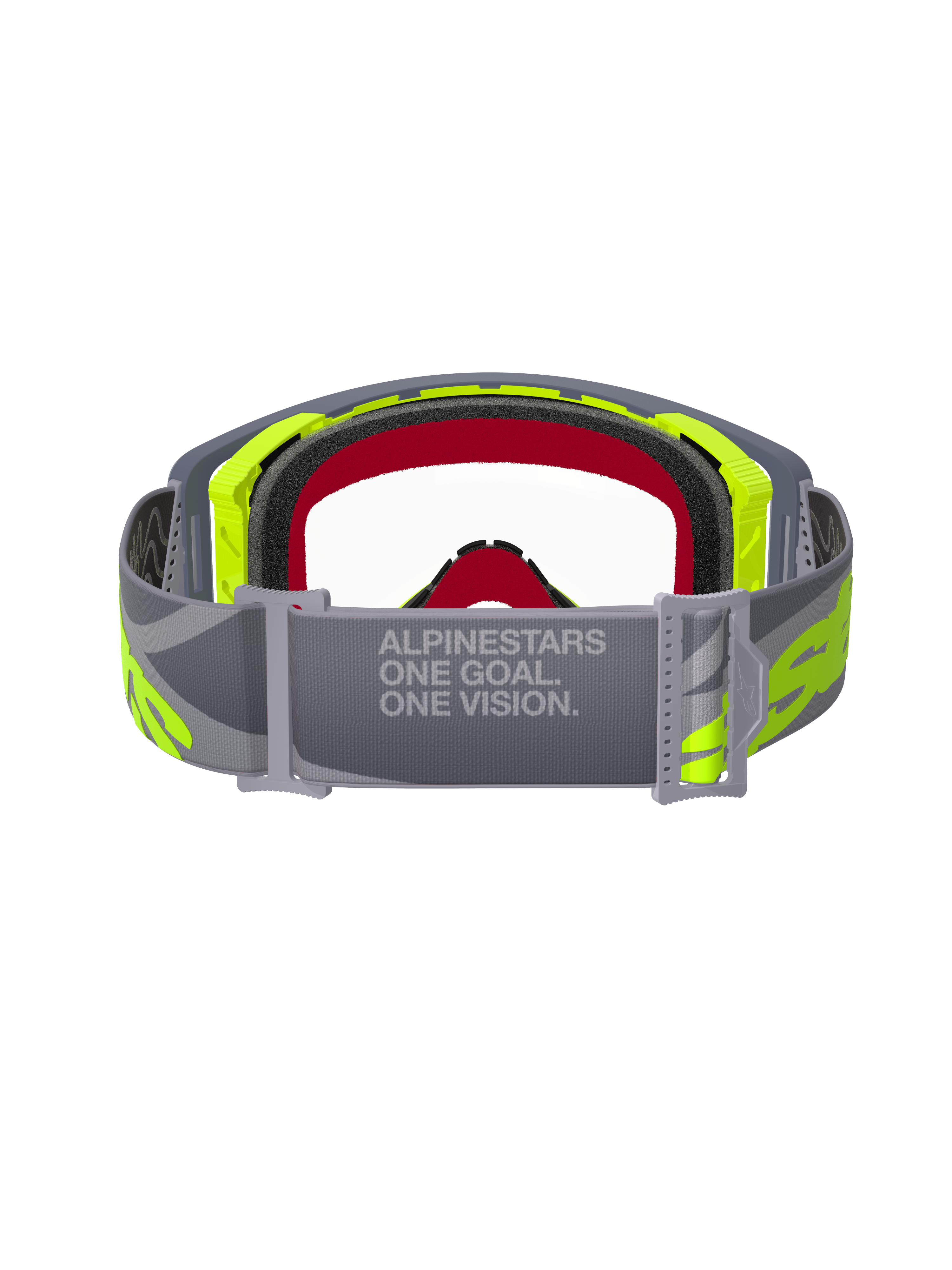 Alpinestars Supertech Stream Goggles, Motocross-Brille, Grau und Fluo-Gelb, Rückansicht mit verstellbarem grauem Band und dem Text „ONE GOAL. ONE VISION.“, klare Sichtscheibe und mehrlagiger Gesichtsschaumstoff, professionelle Offroad-Rennausrüstung