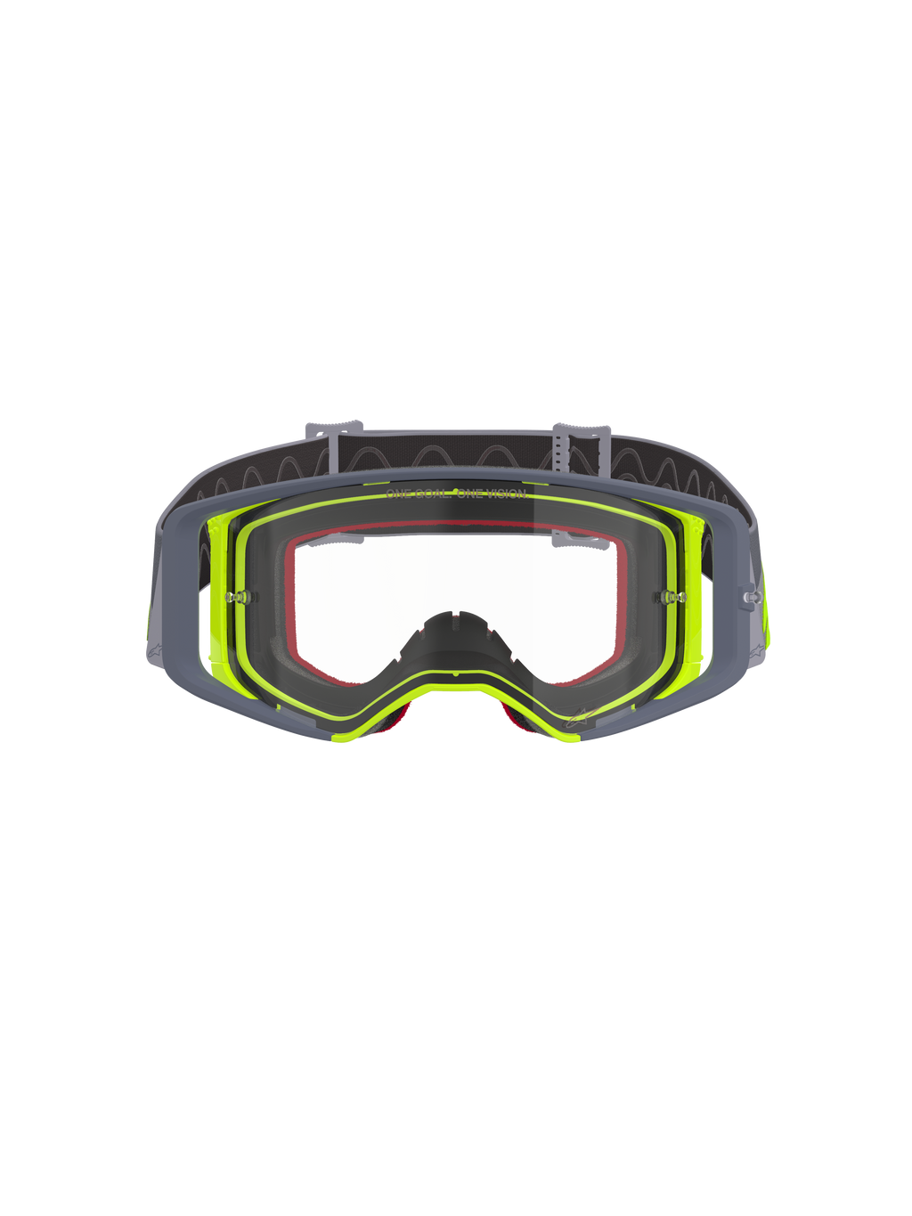 Alpinestars Supertech Stream Goggles, Motocross-Brille, grauer und neongelber Rahmen mit klarer Scheibe, Frontansicht mit weitem Sichtfeld und technischer Rahmenkonstruktion, Augenschutz für Offroad-Rennsport