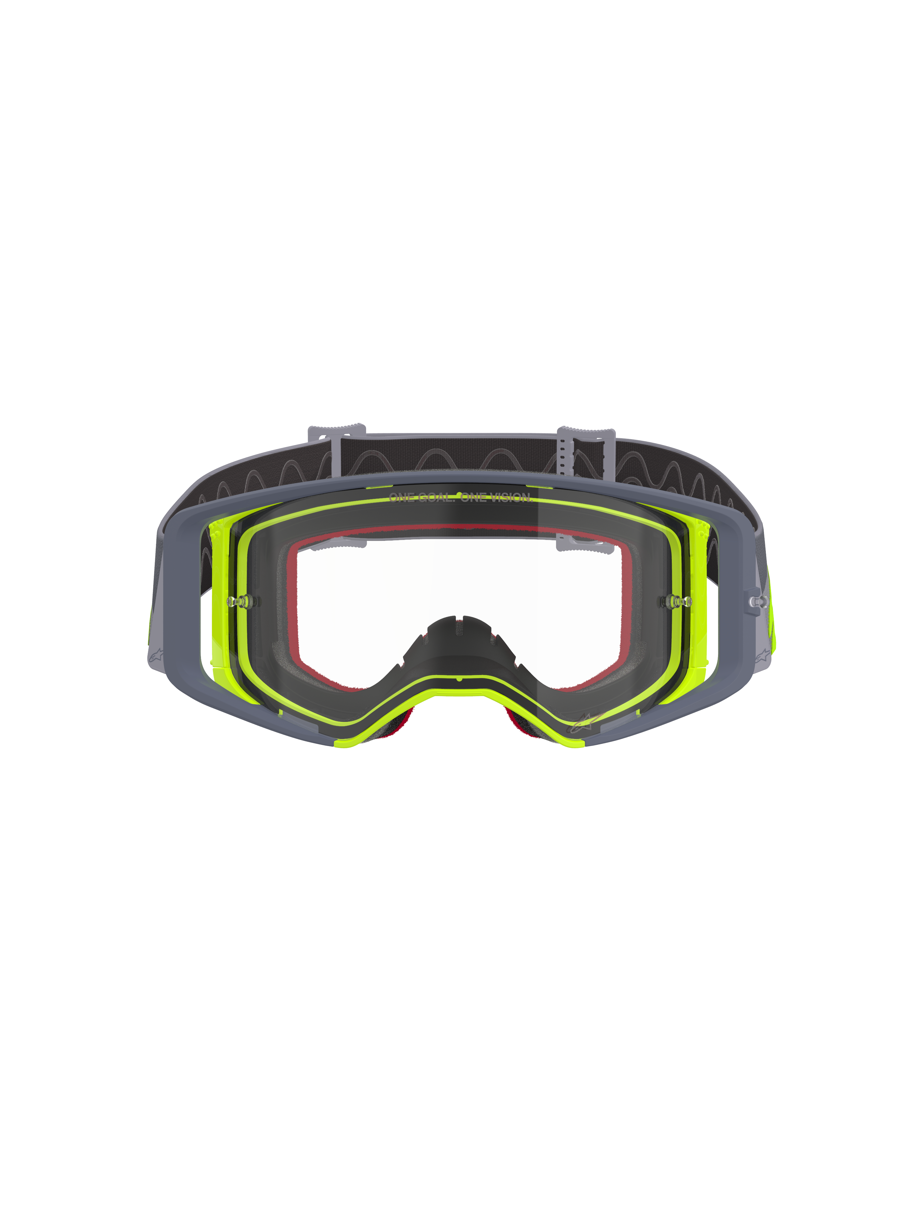 Alpinestars Supertech Stream Goggles, Motocross-Brille, grauer und neongelber Rahmen mit klarer Scheibe, Frontansicht mit weitem Sichtfeld und technischer Rahmenkonstruktion, Augenschutz für Offroad-Rennsport