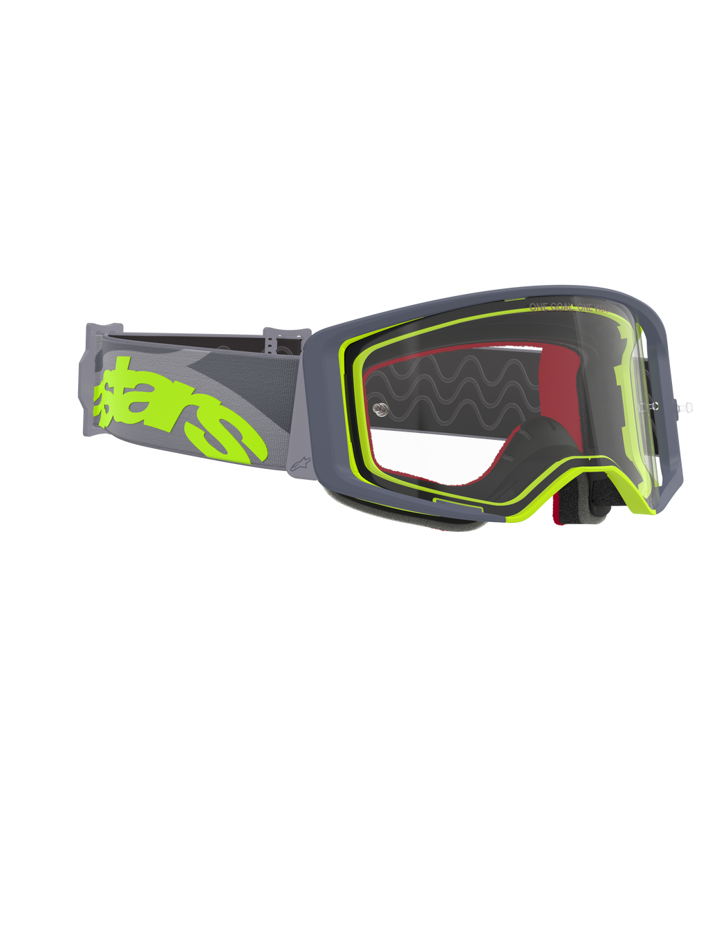 Alpinestars Supertech Stream Goggles, Motocross-Brille, grauer und neongelber Rahmen mit klarer Scheibe, breites graues Band mit großem neongelbem Logo, entwickelt für Performance im Offroad- und Motocross-Rennsport